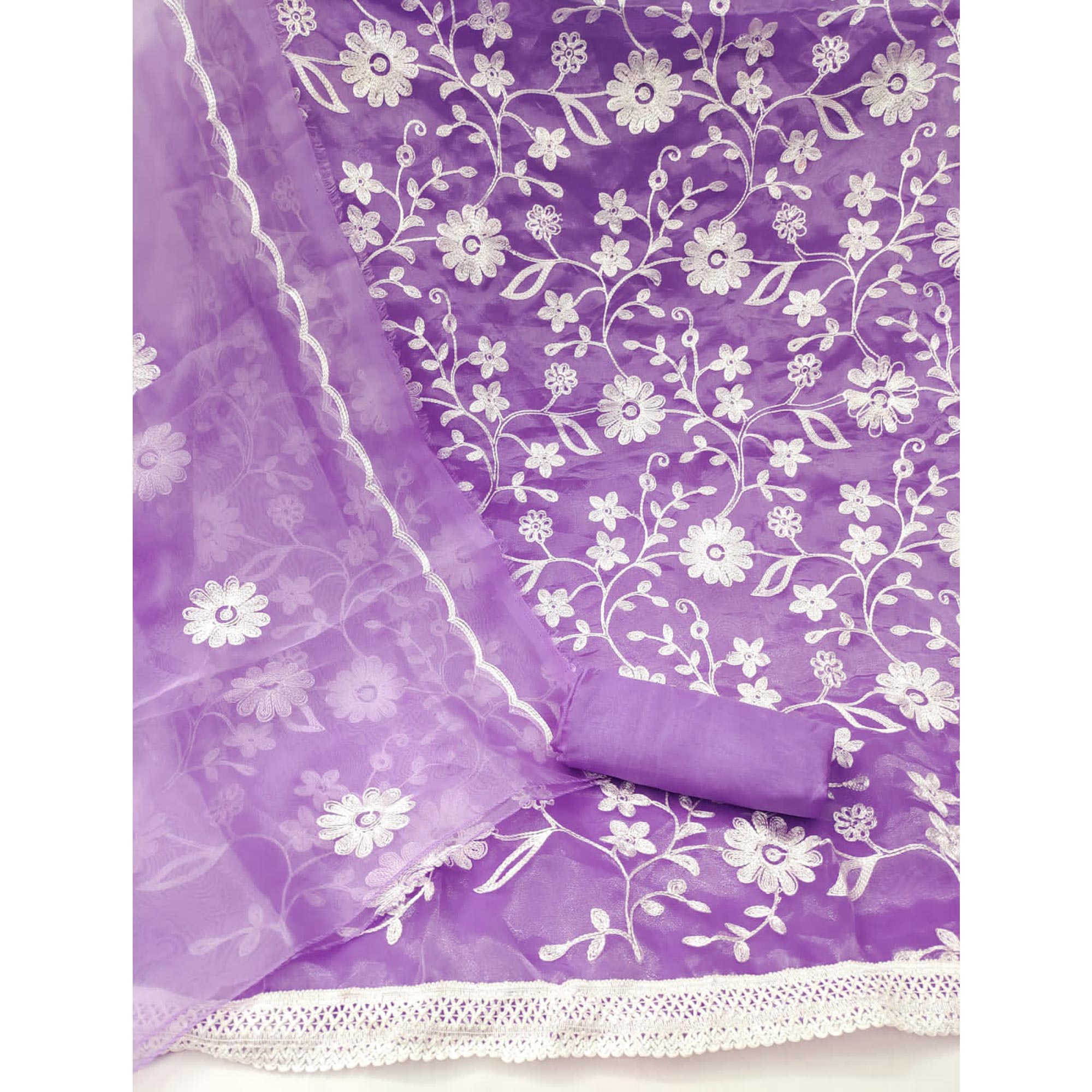 Purple Floral Embroidered Organza Dress Material