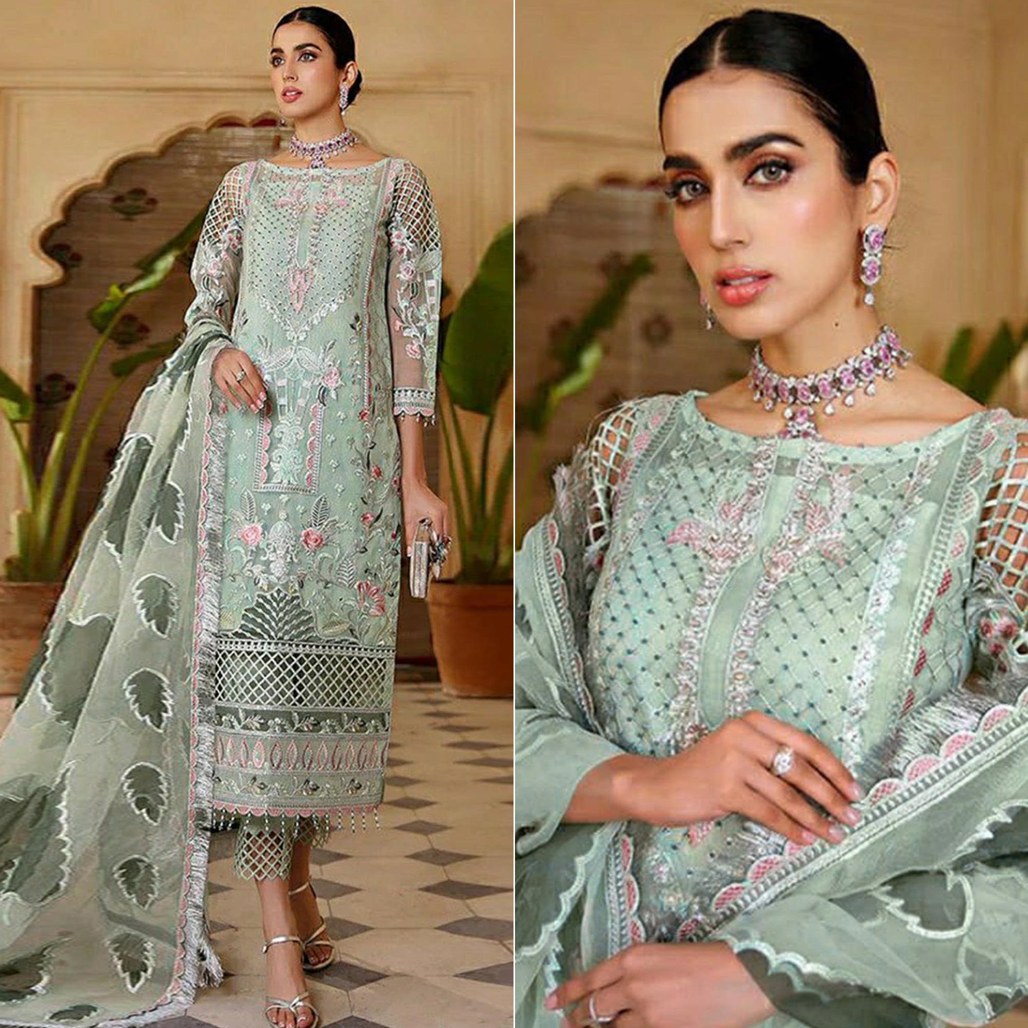 Sea Green Heavy Embroidered Georgette Pakistani Suit