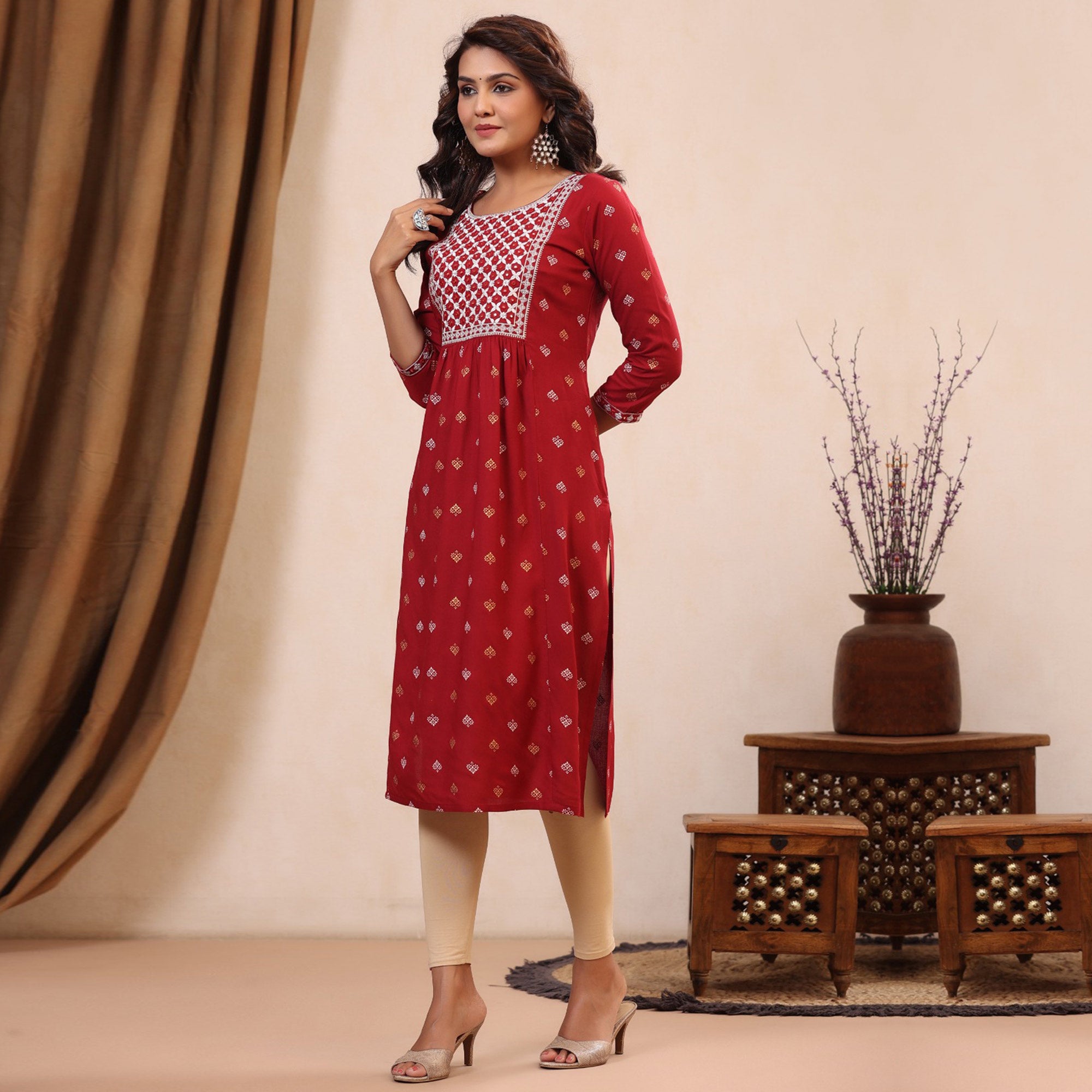 Red Floral Printed With Embroidered Rayon Kurti