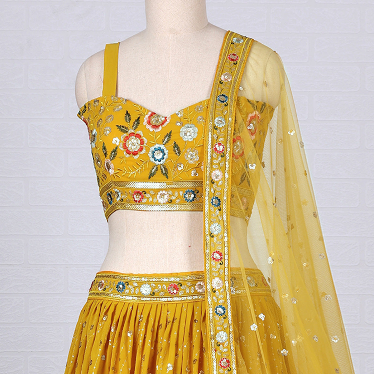 Mustard Sequins Embroidered Georgette Lehenga Choli