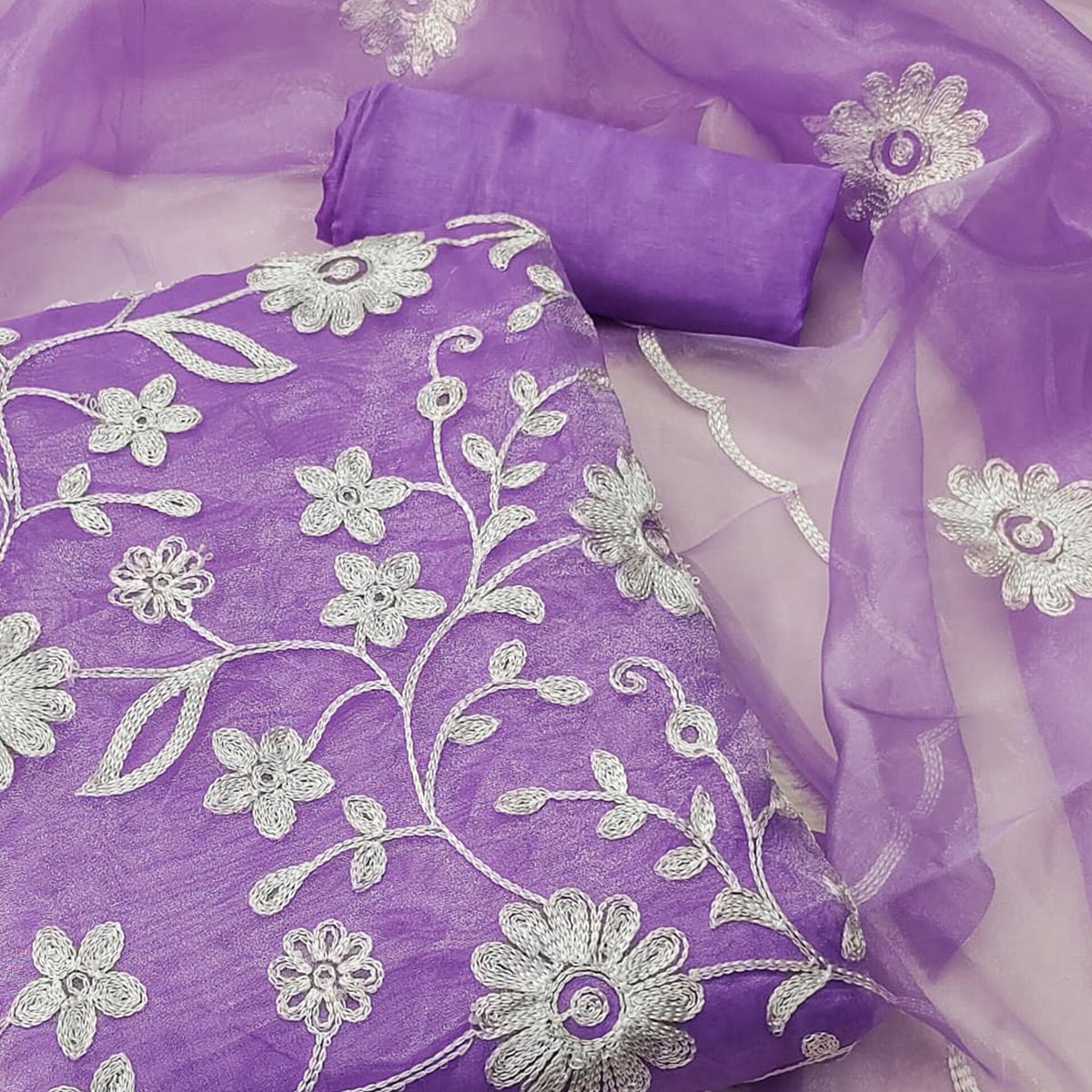 Purple Floral Embroidered Organza Dress Material