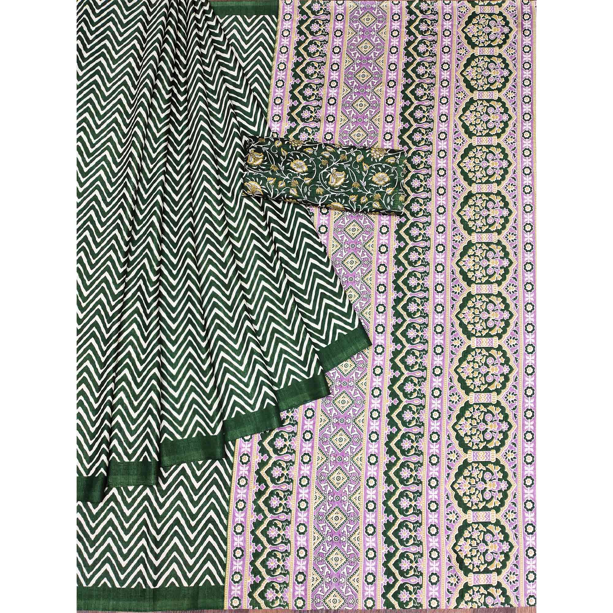 Green Striped Printed Art Silk Saree
