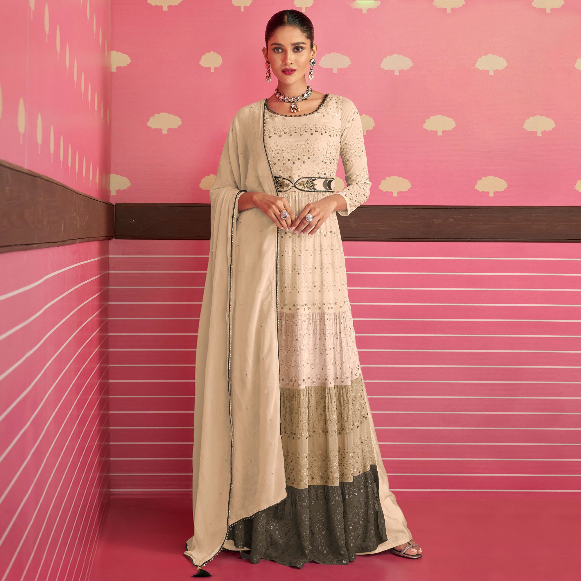 Beige Sequins Embroidered Georgette Naira Cut Suit