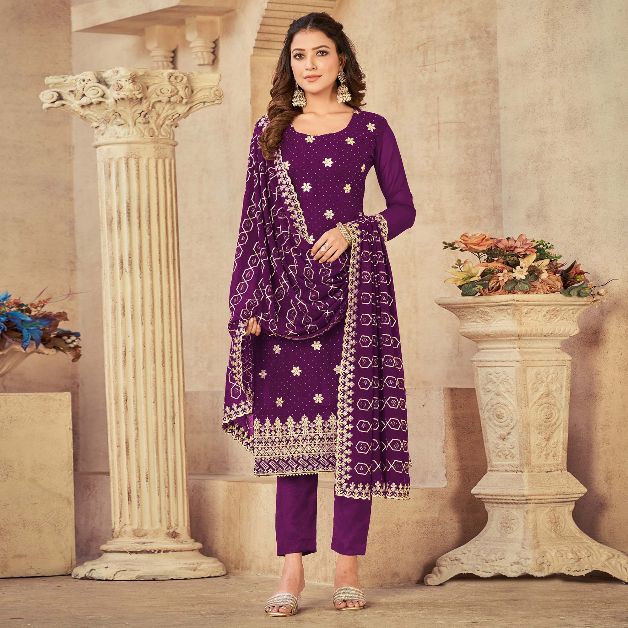 Purple Embroidered Georgette Suit