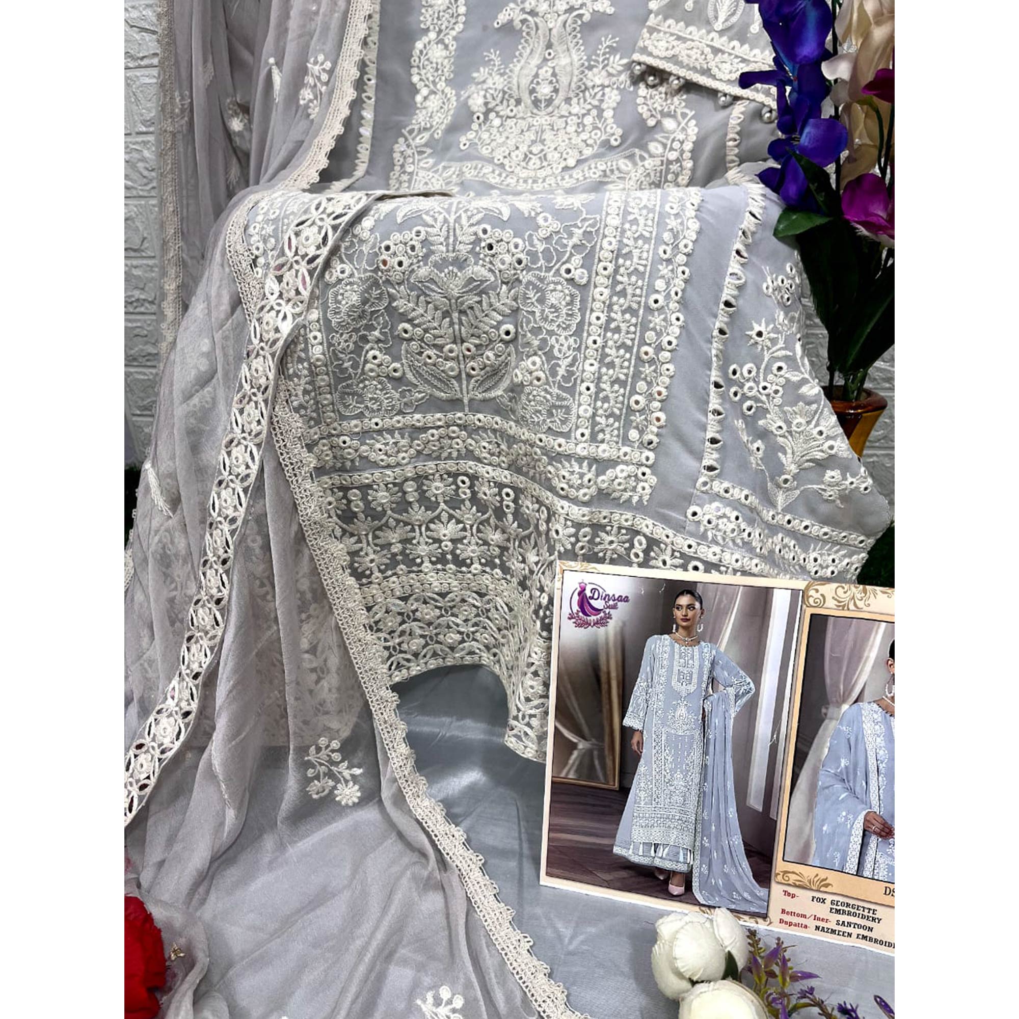 Grey Floral Embroidered Georgette Pakistani Suit