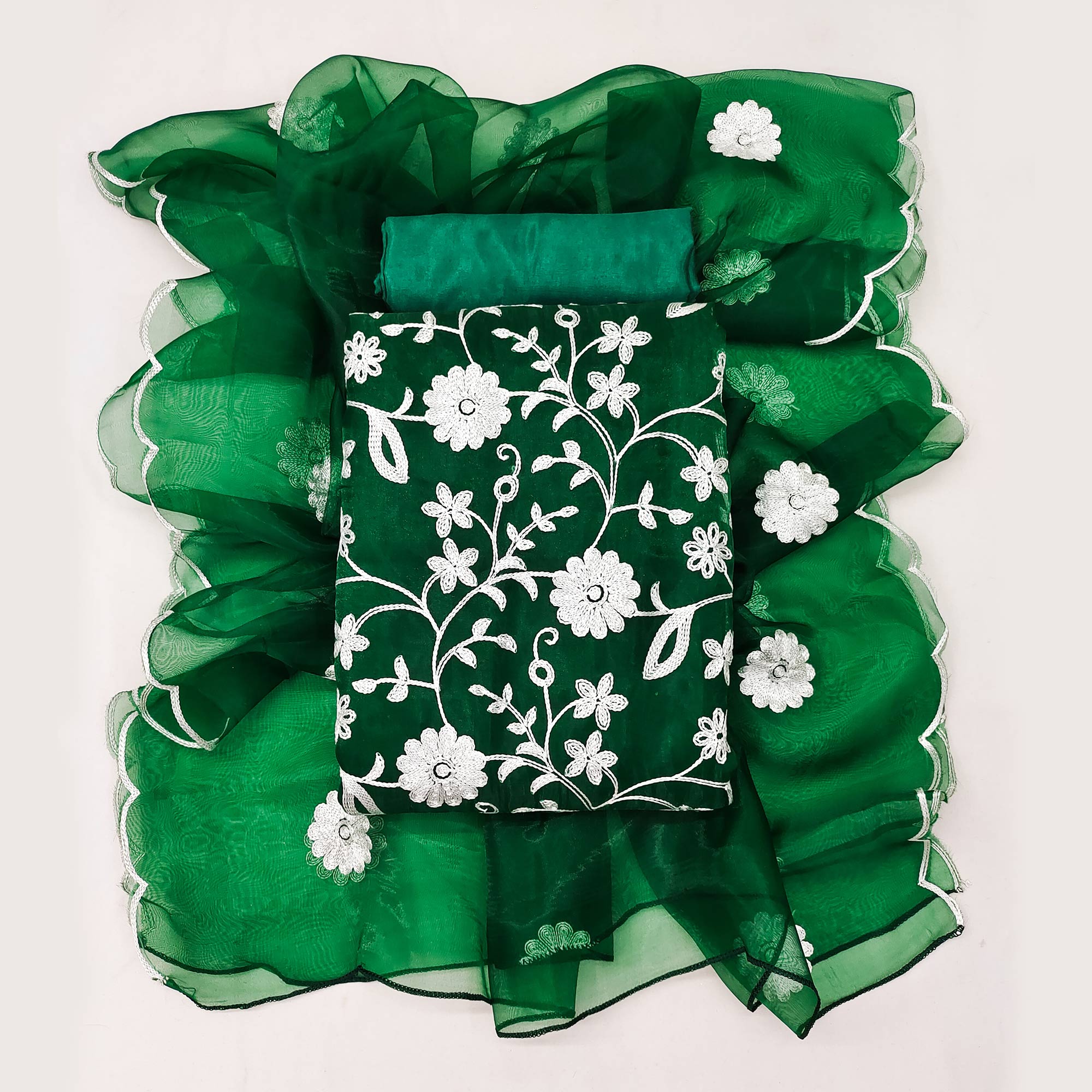 Green Floral Embroidered Organza Dress Material