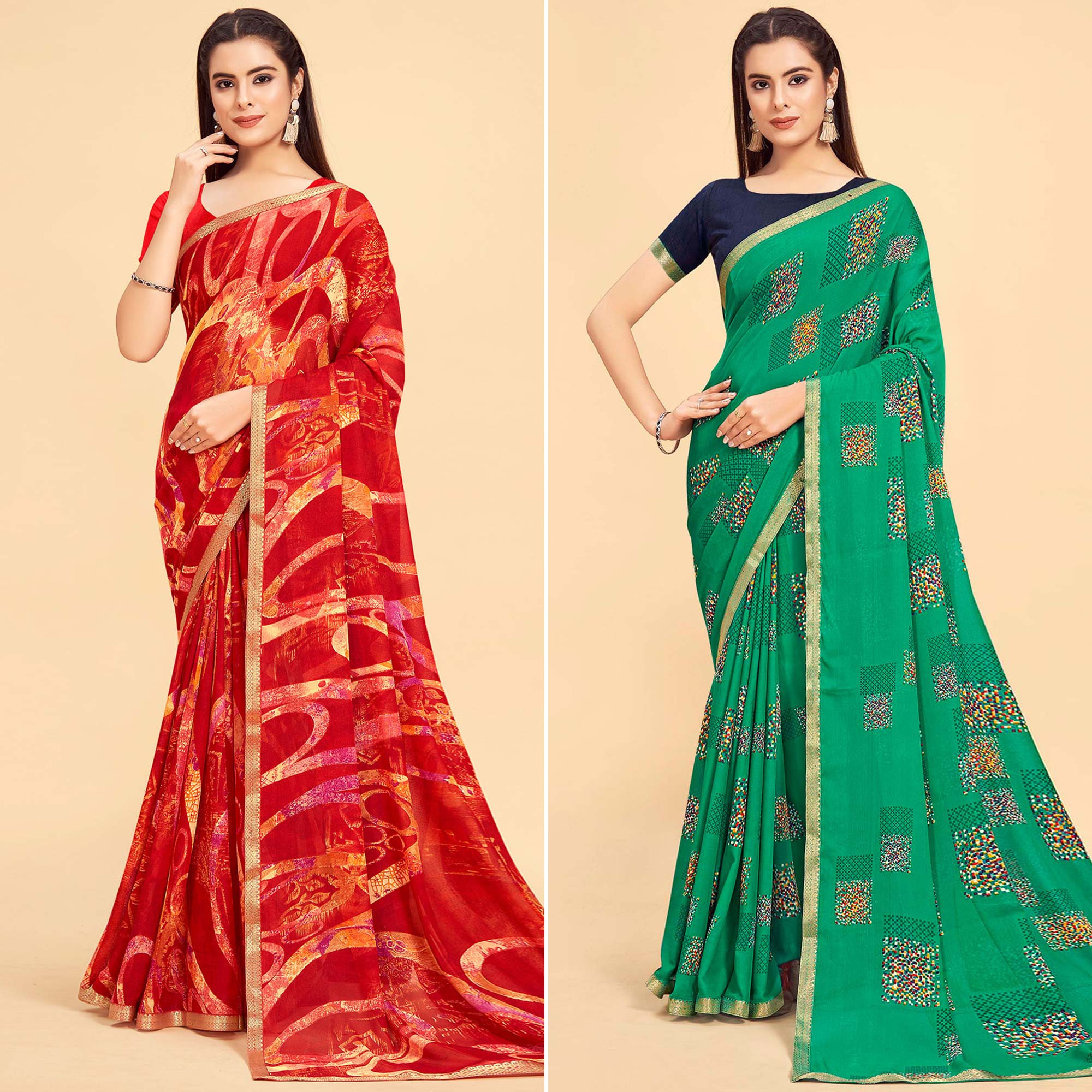 Red And Rama Green Printed Art Silk Saree Pack Of 2