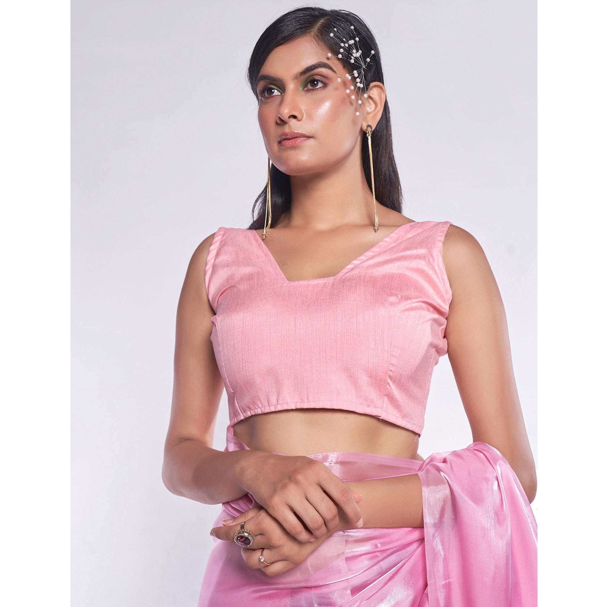 Pink Solid Organza Saree With Tassels