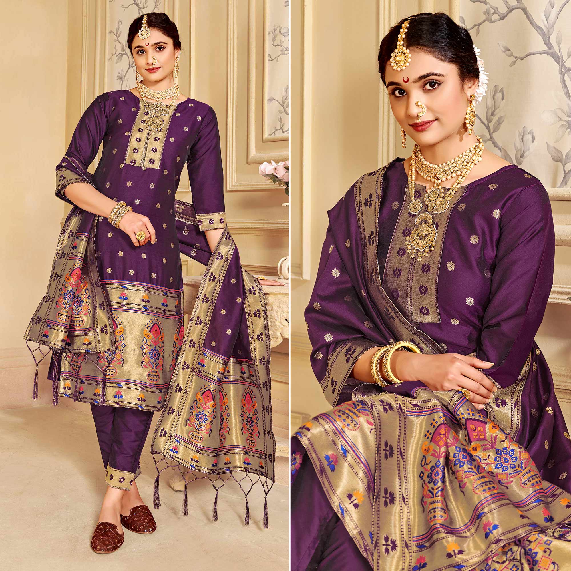 Purple Floral Woven Tapetta Silk Salwar Suit