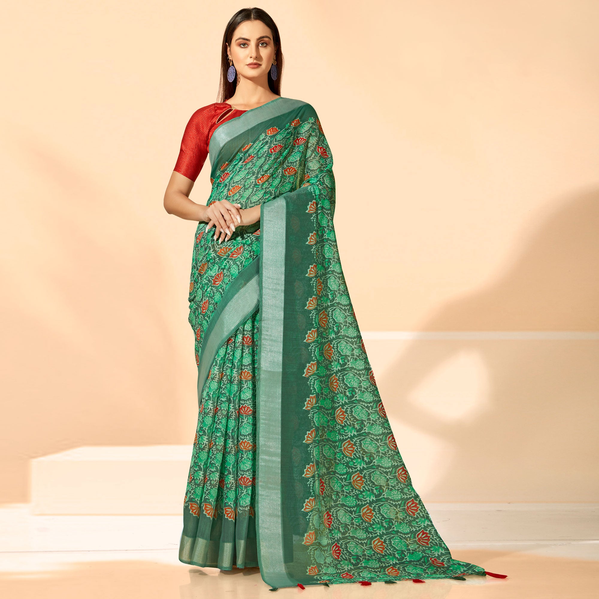 Green Printed Cotton Silk Saree With Tassels