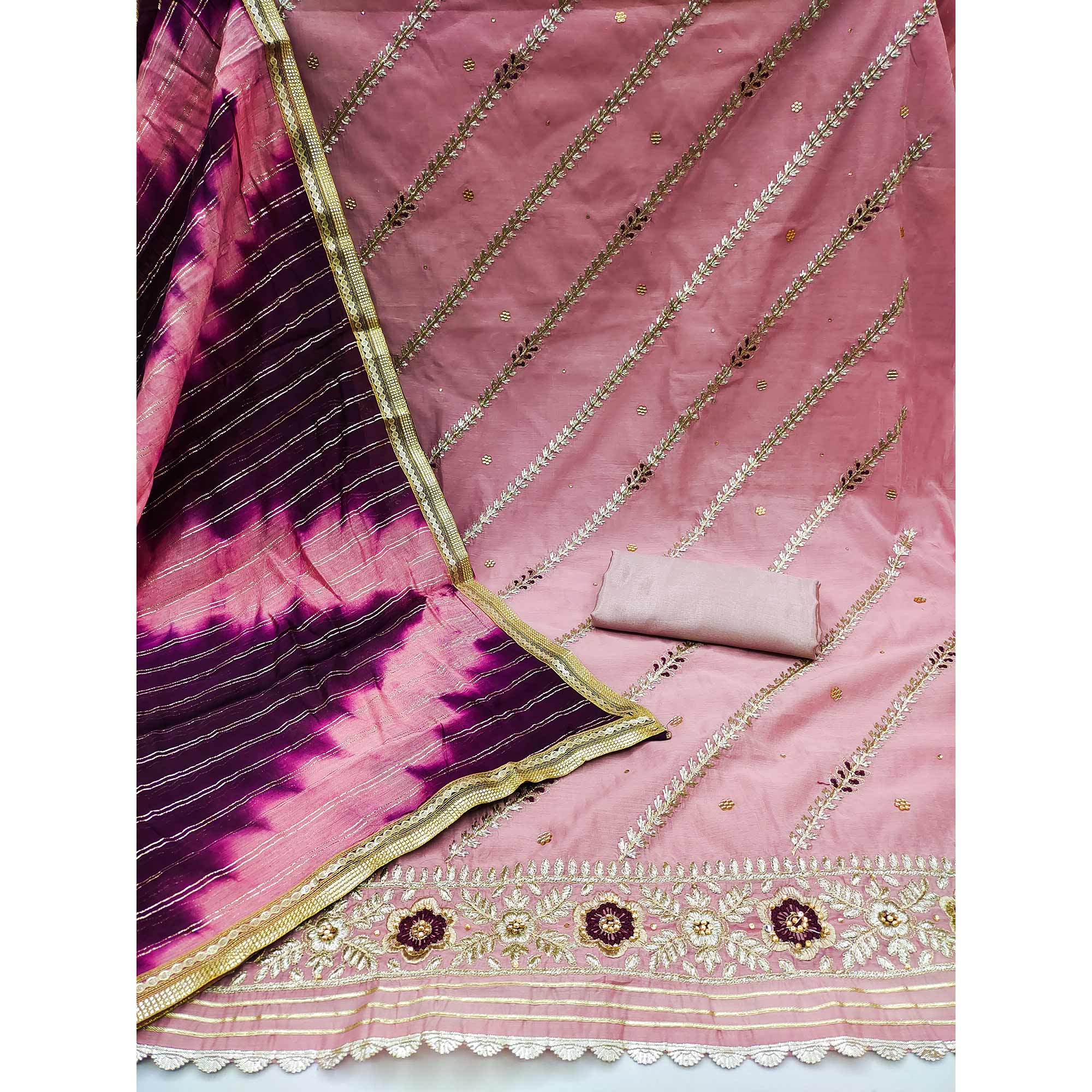 Pink Floral Embroidered Modal Dress Material