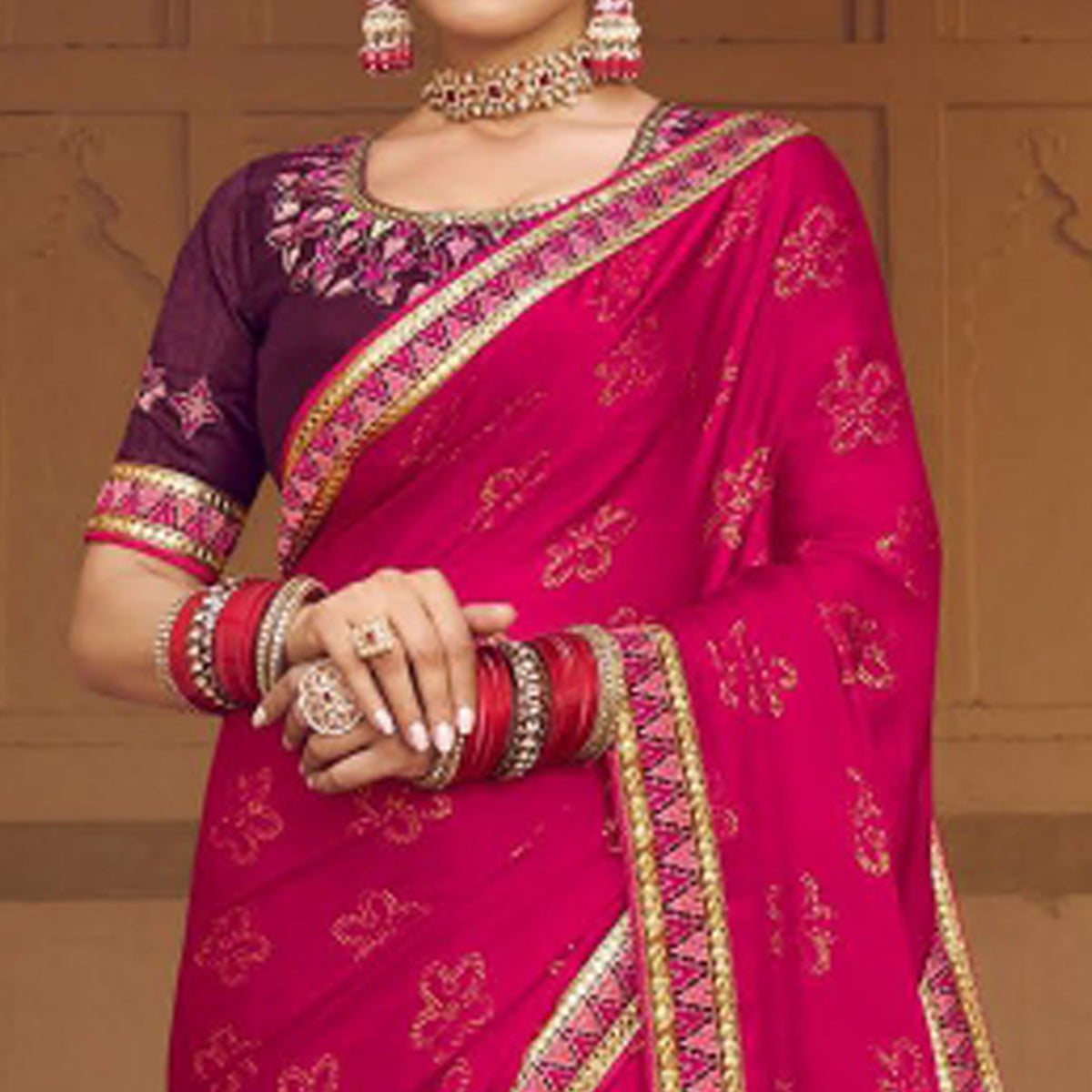 Rani Pink Embellished With Embroidered Border Satin Saree