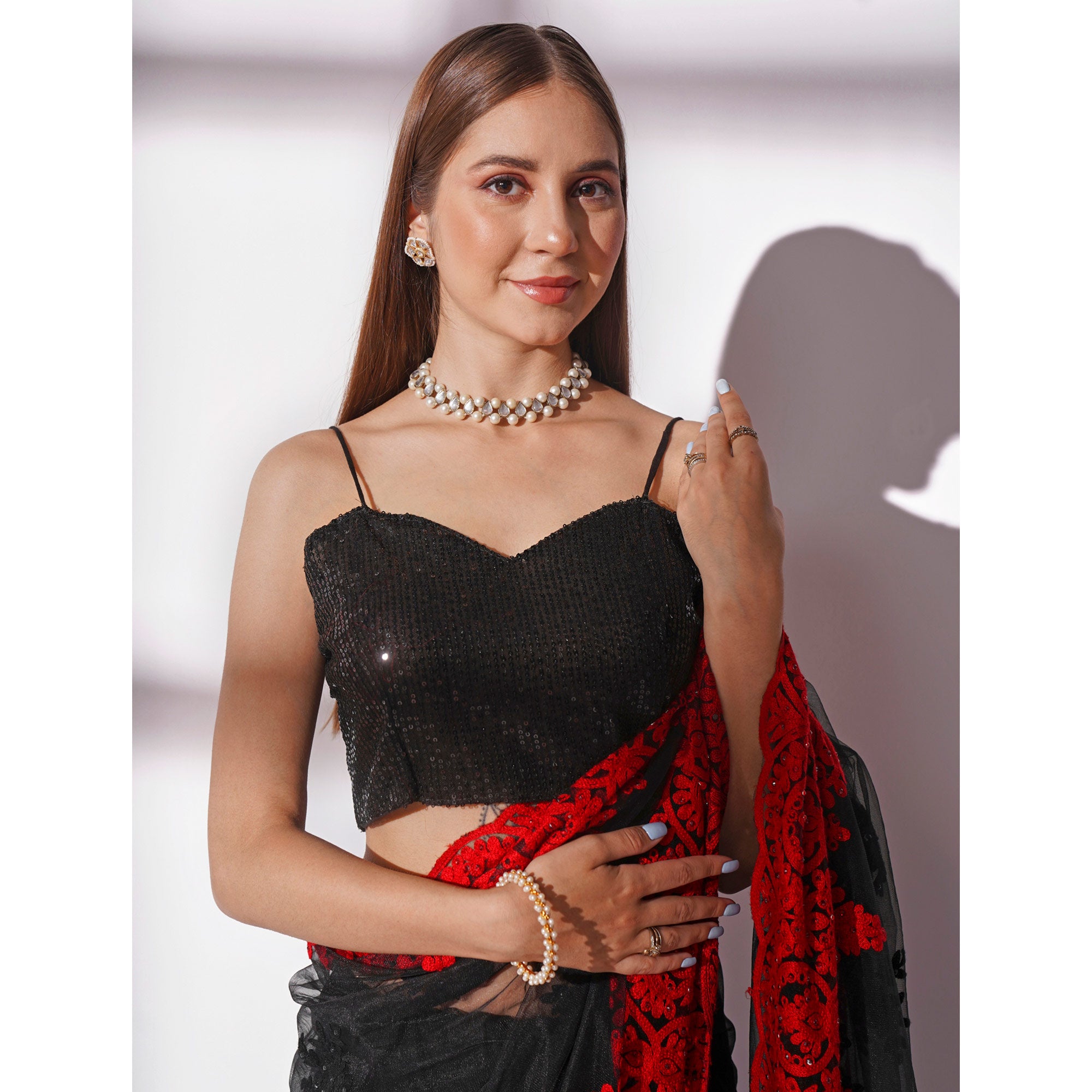 Black Floral Embroidered Net Saree
