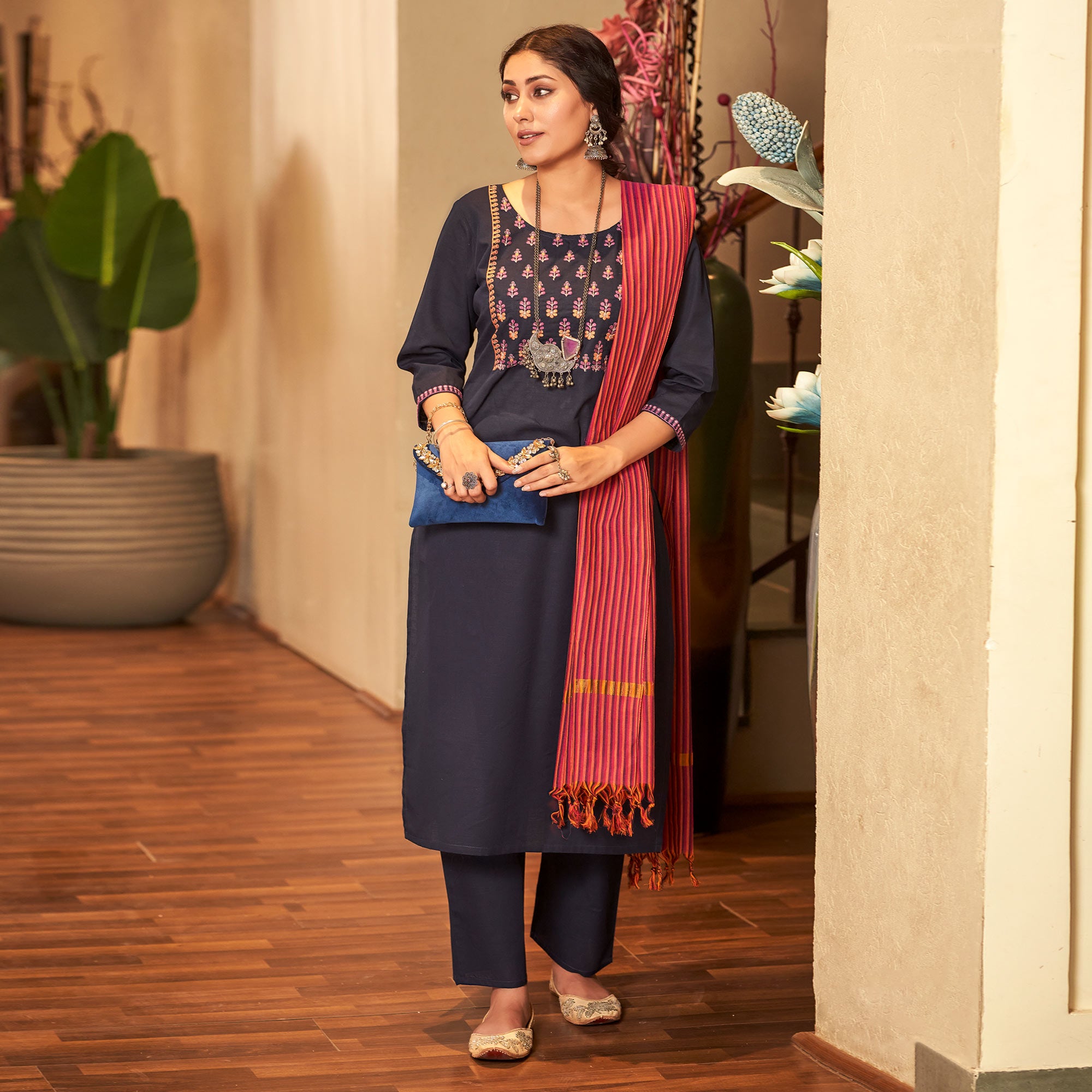 Navy Blue Embroidered Pure Cotton Suit
