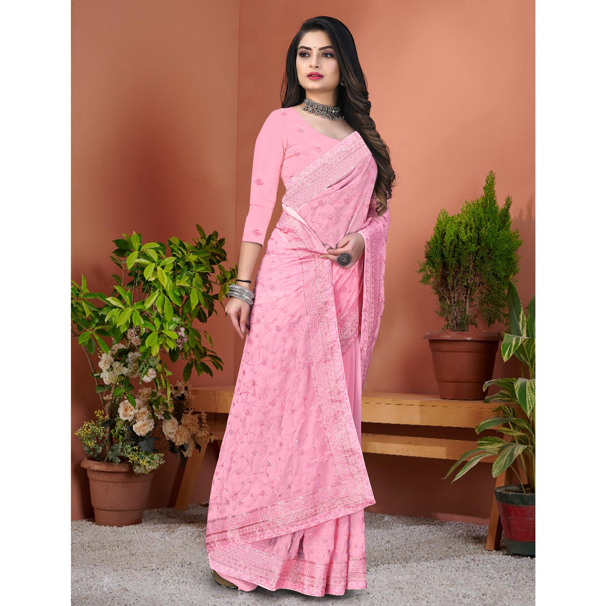 Light Pink Floral Sequins Embroidered Georgette Saree