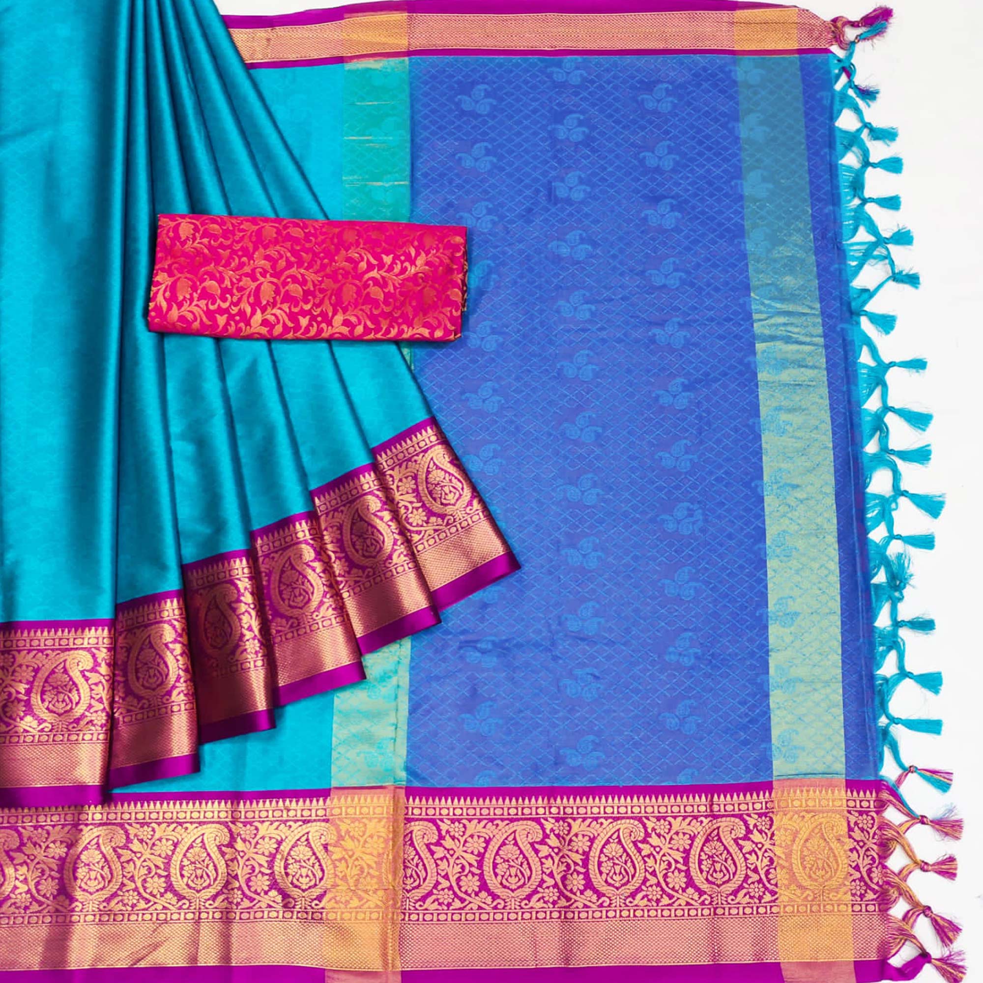 Sky Blue Woven Cotton Silk Saree With Tassels