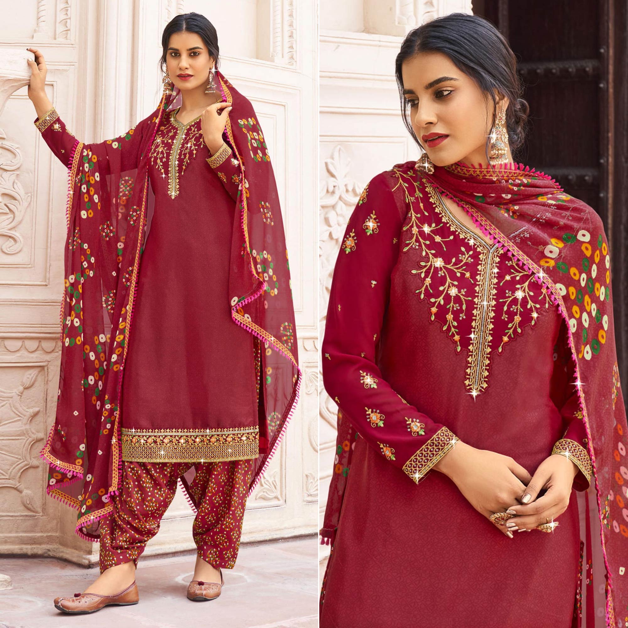 Red Floral Embroidered Crepe Patiala Suit