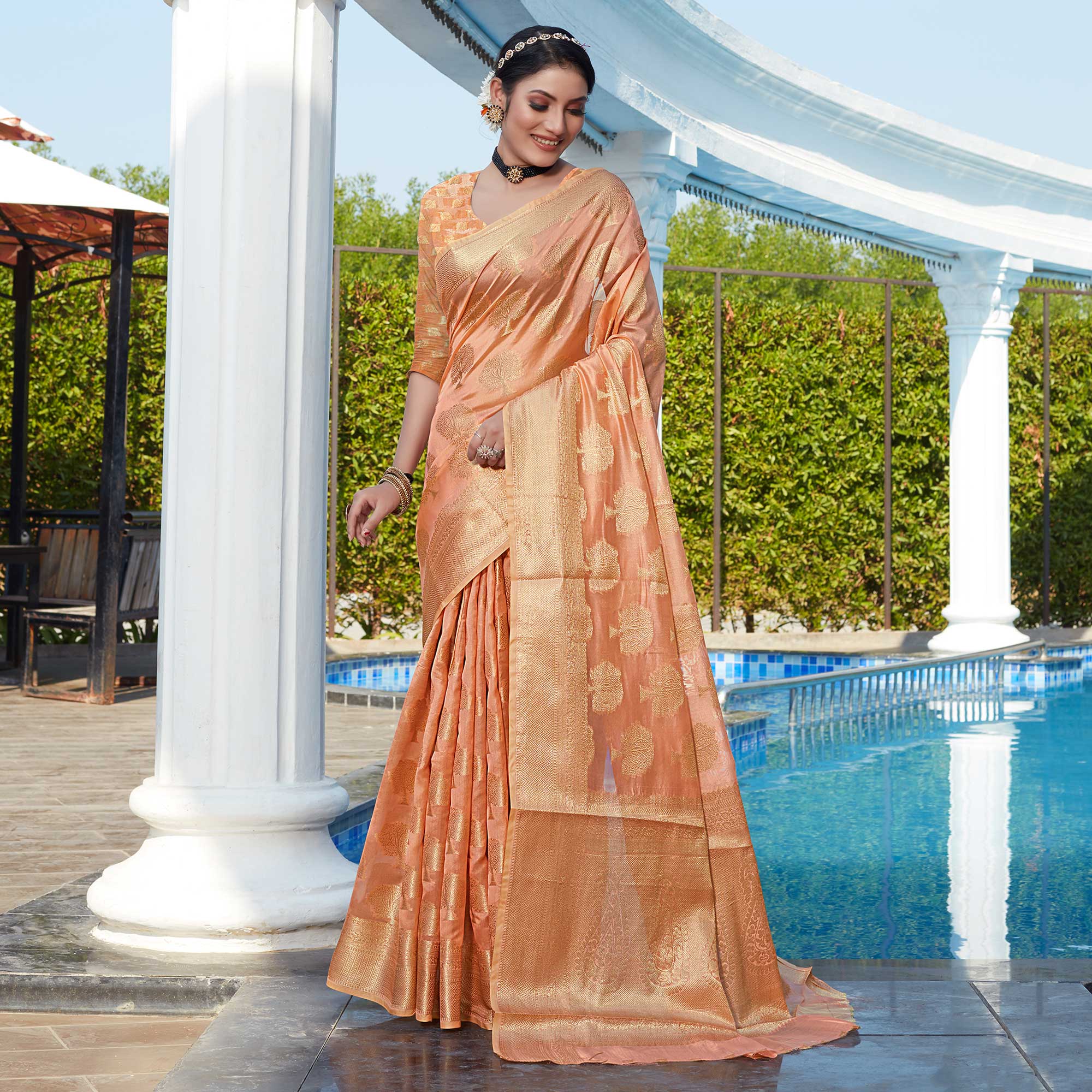 Peach Woven Organza Saree