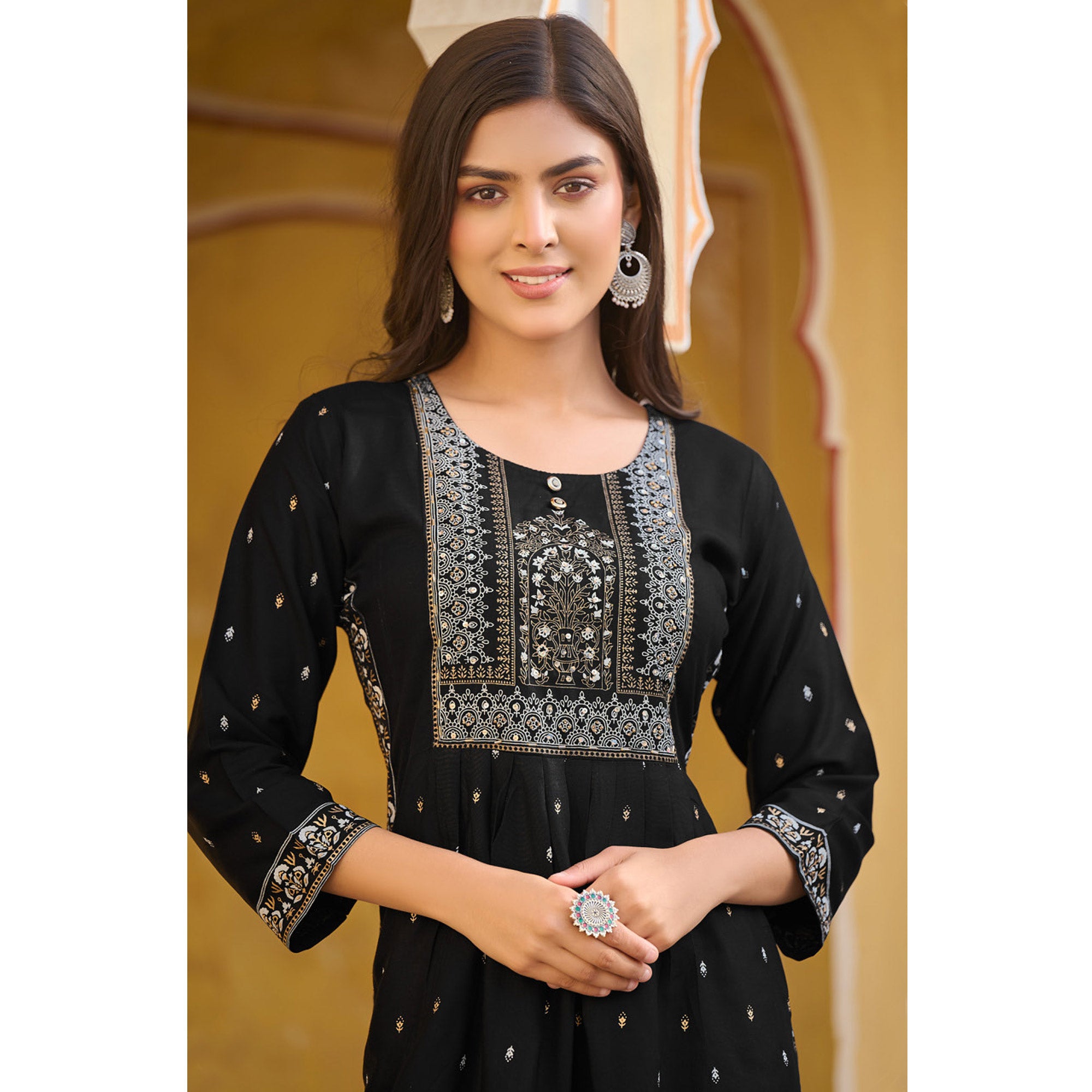 Black Printed Rayon Naira Cut Kurti