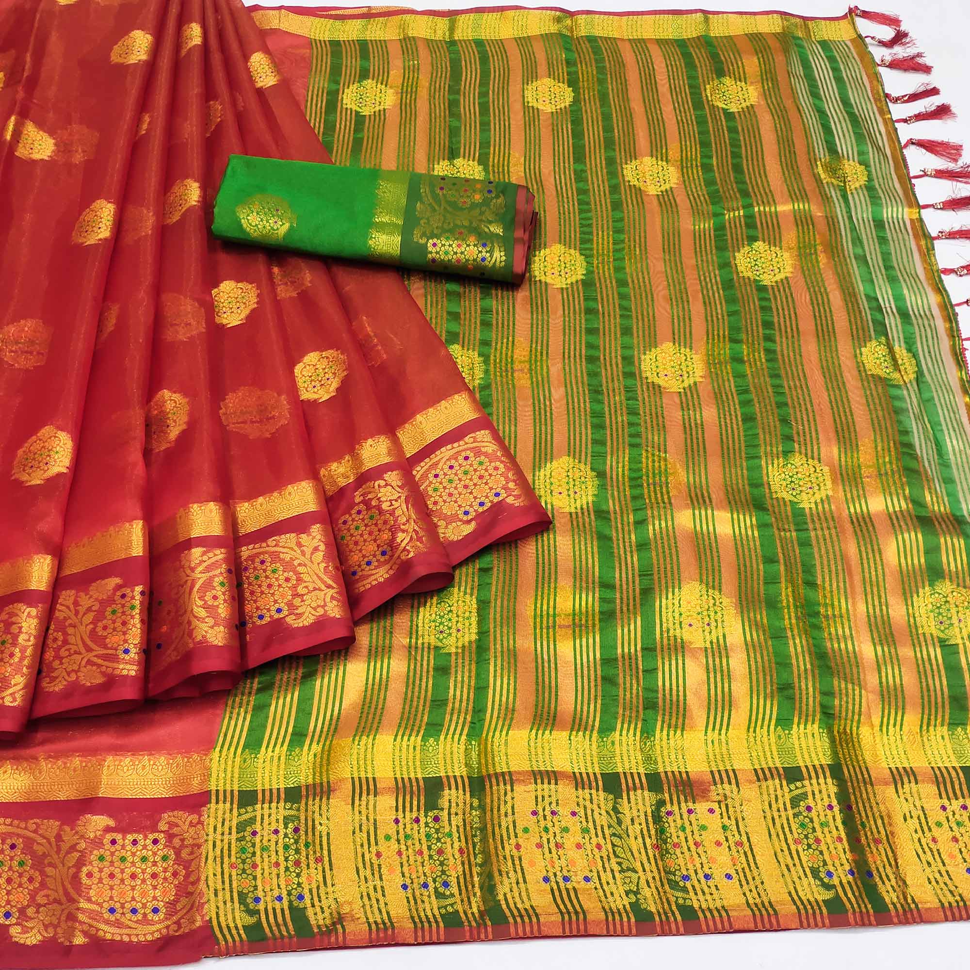 Red Floral Woven Organza Saree With Tassels