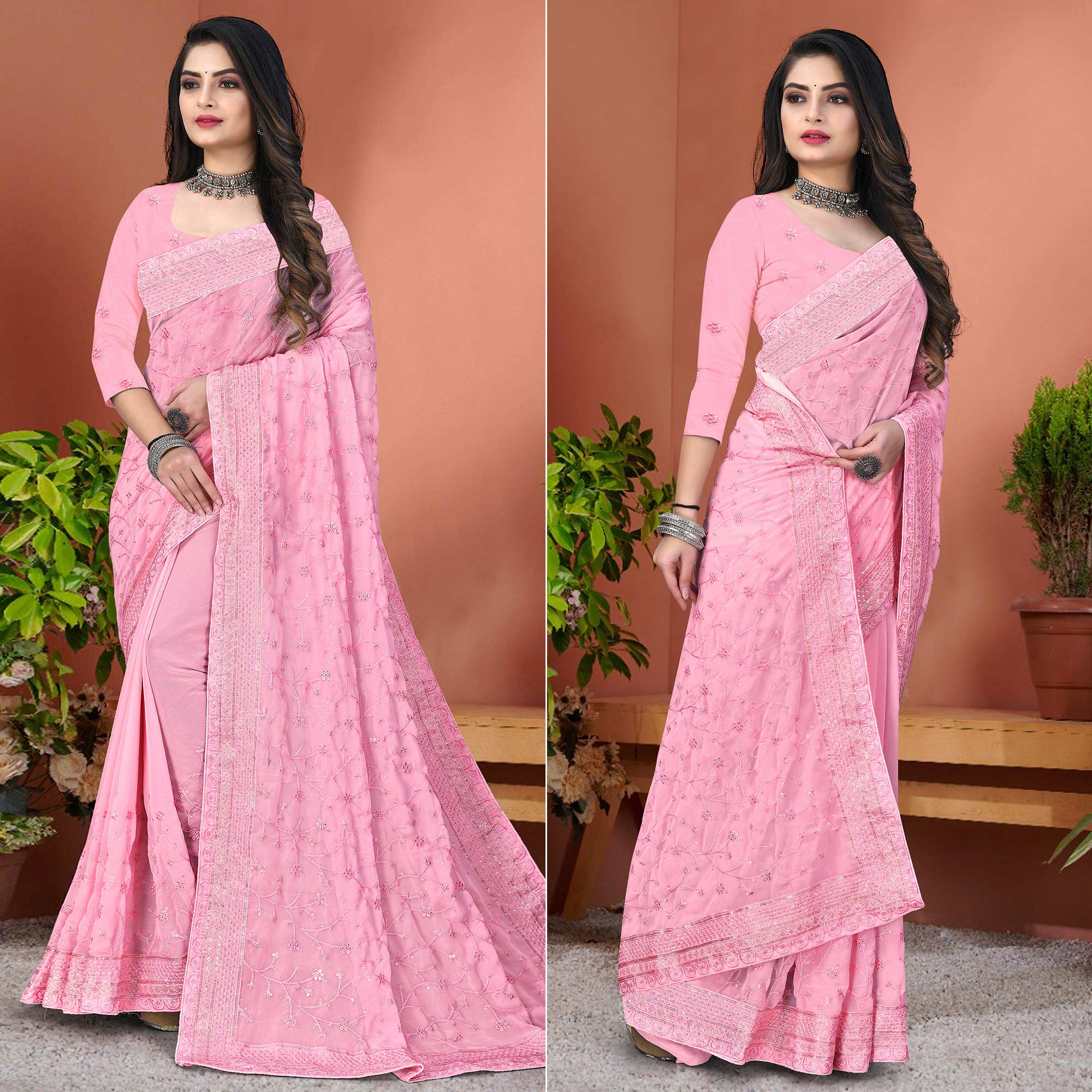 Light Pink Floral Sequins Embroidered Georgette Saree