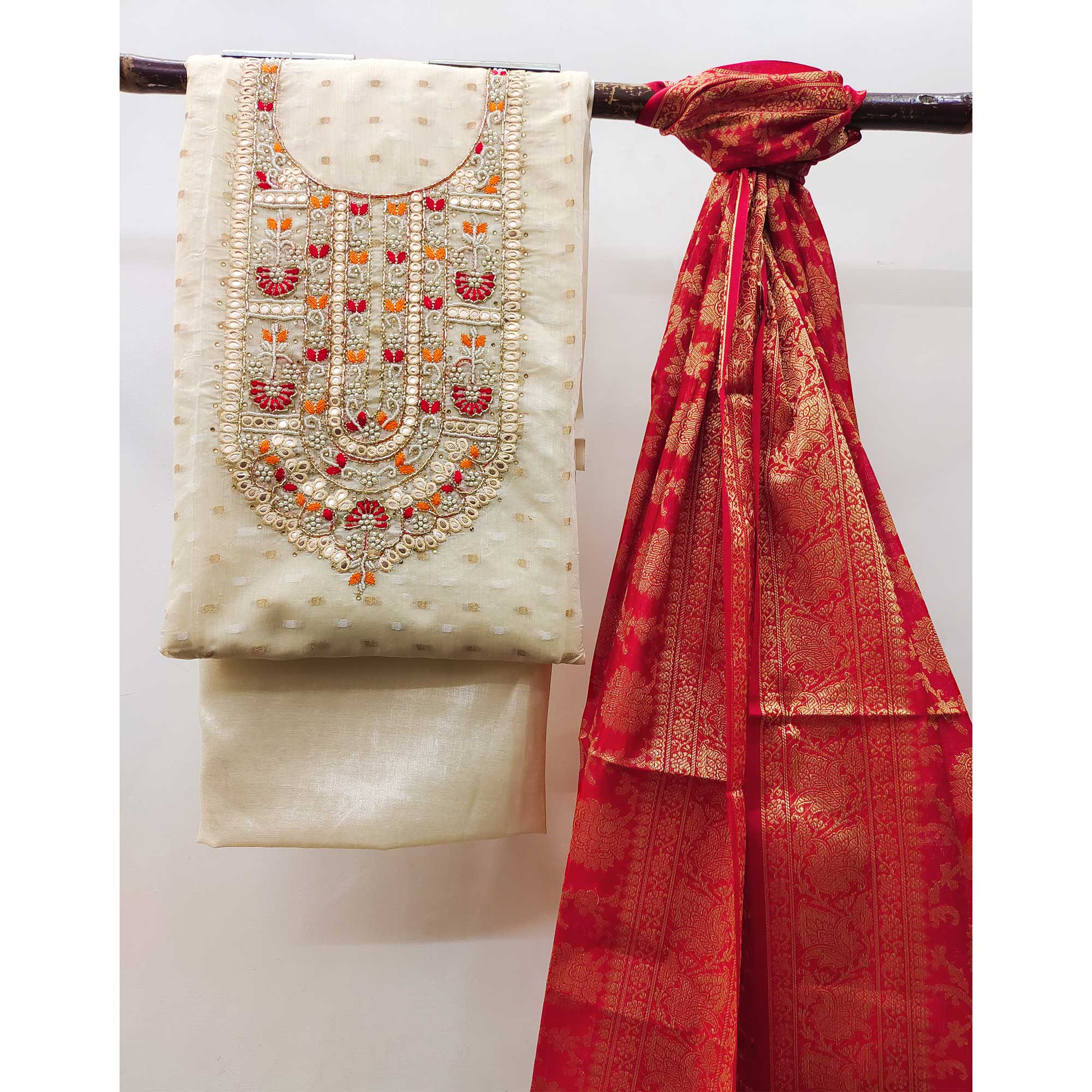 Cream Woven With Handwork Banarasi Silk Dress Material