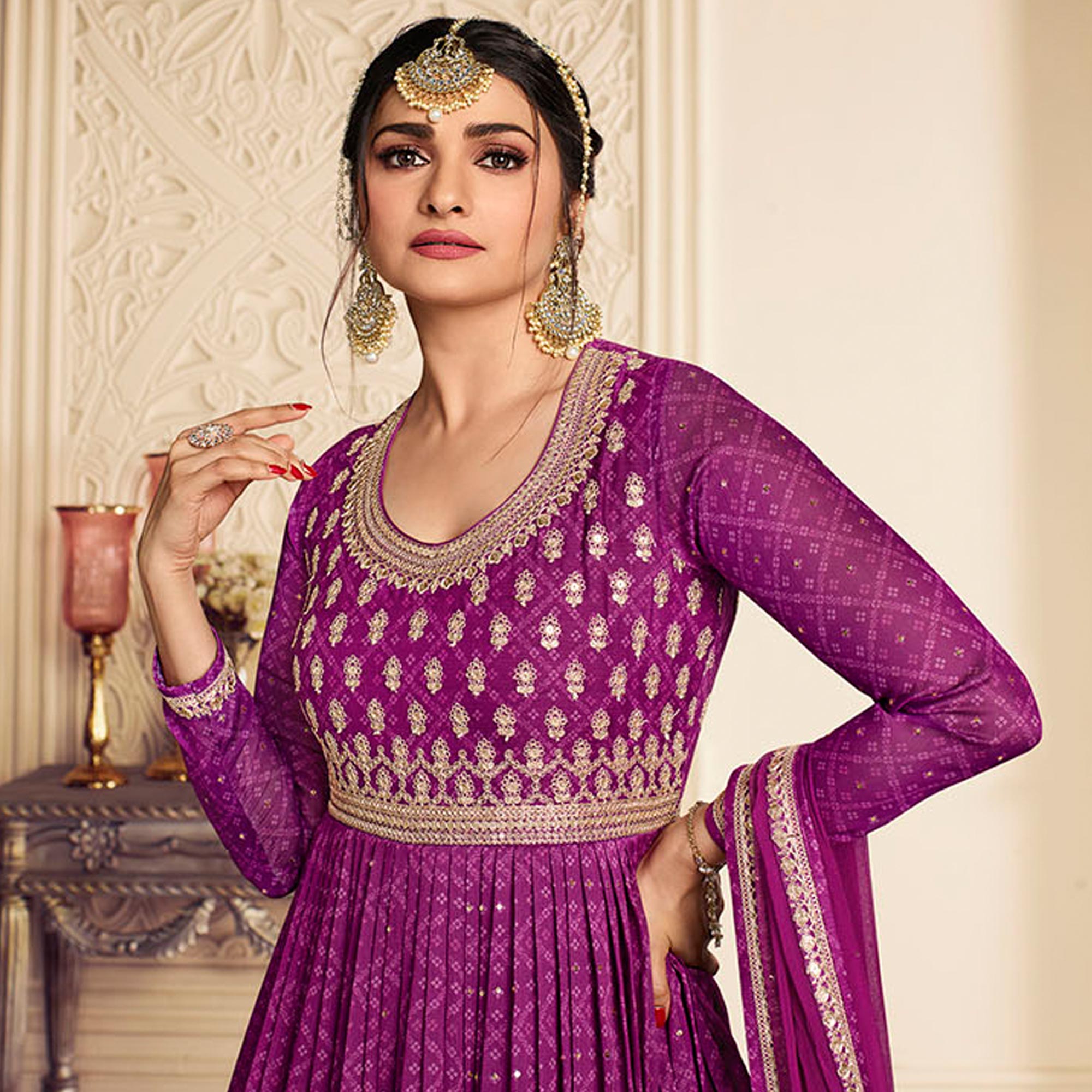 Purple Printed With Embroidered Chiffon Gown