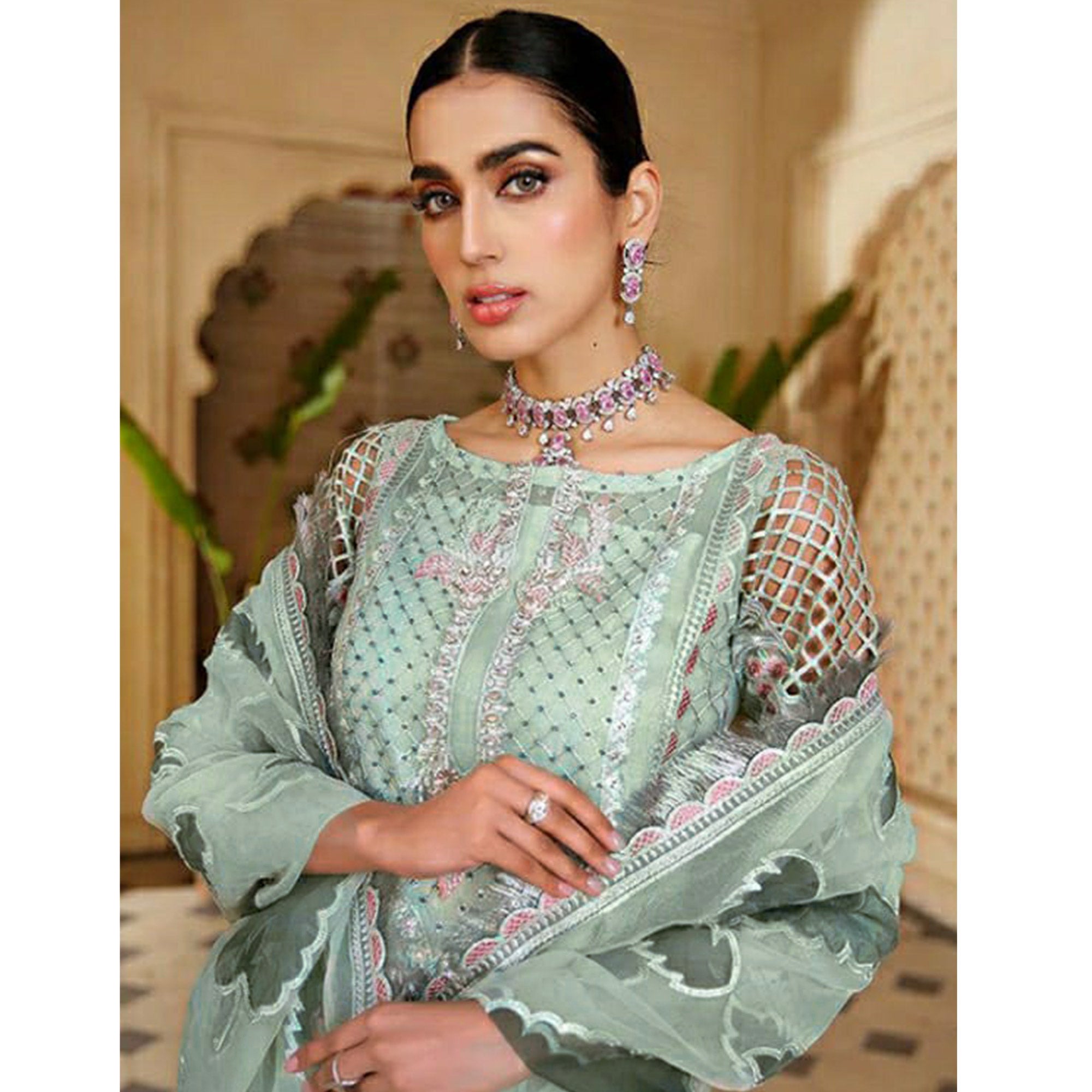 Sea Green Heavy Embroidered Georgette Pakistani Suit