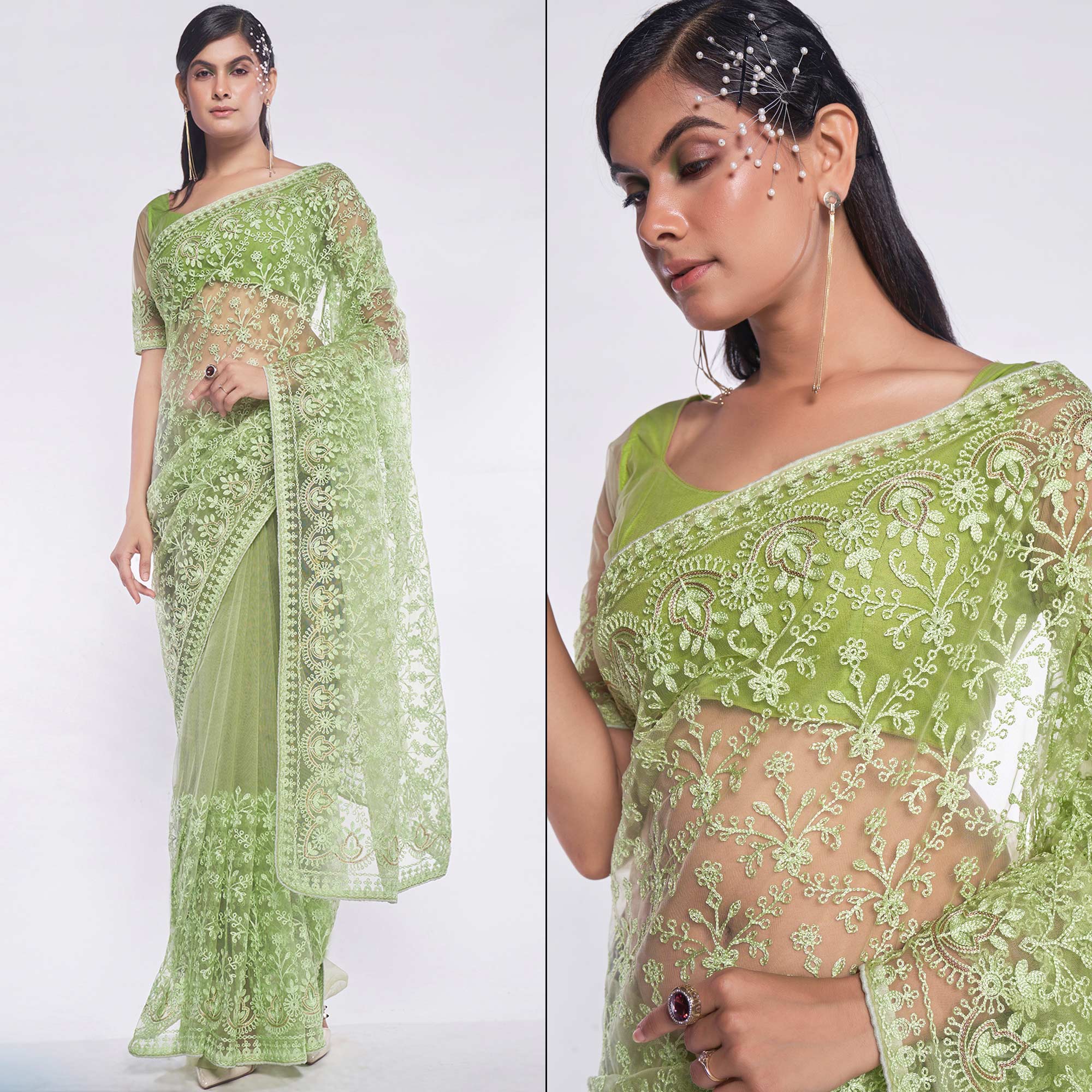 Green Floral Embroidered Net Saree