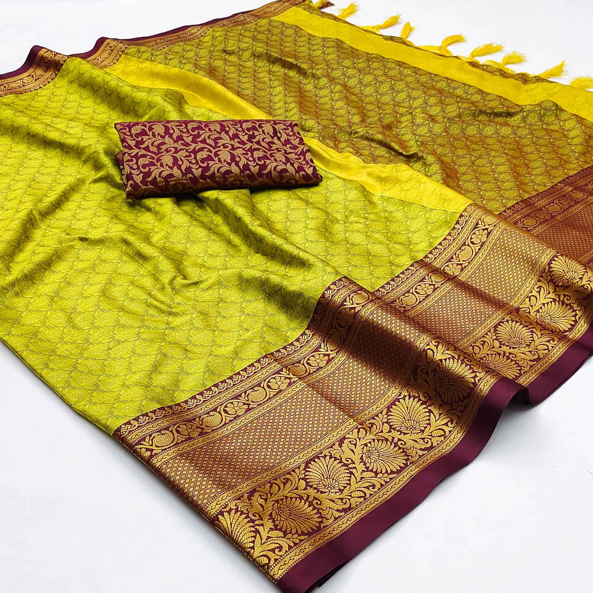 Lemon Green Printed And Woven Cotton Silk Saree With Tassels