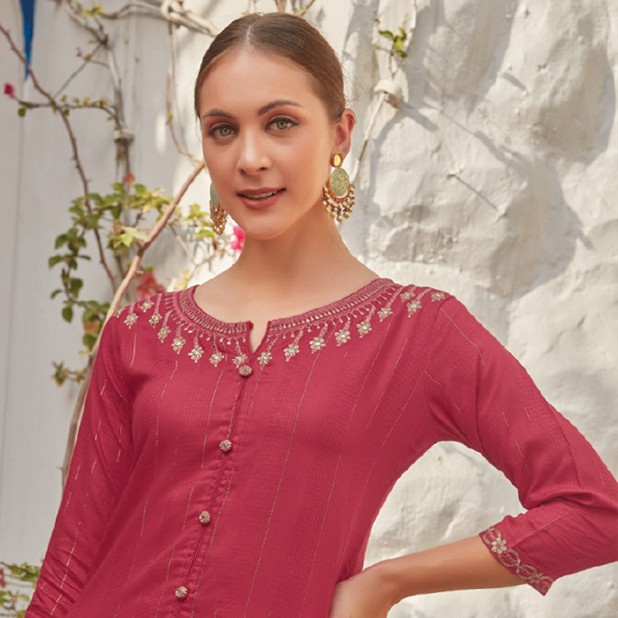 Pink Floral Embroidered Cotton Blend Kurti