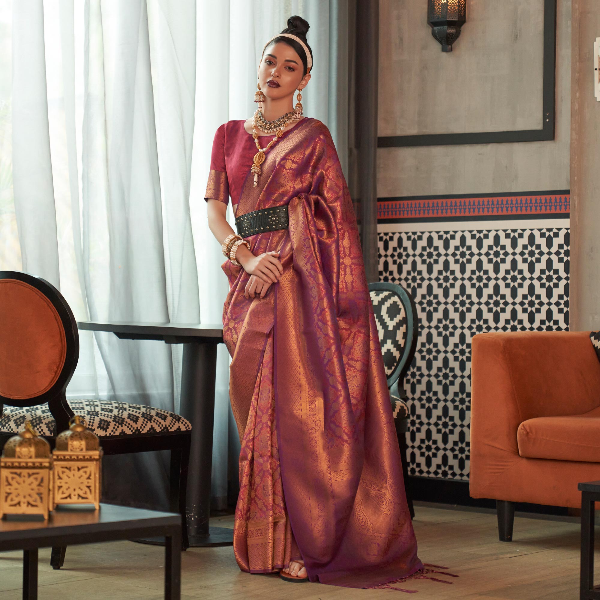 Purple Woven Art Silk Saree With Tassels