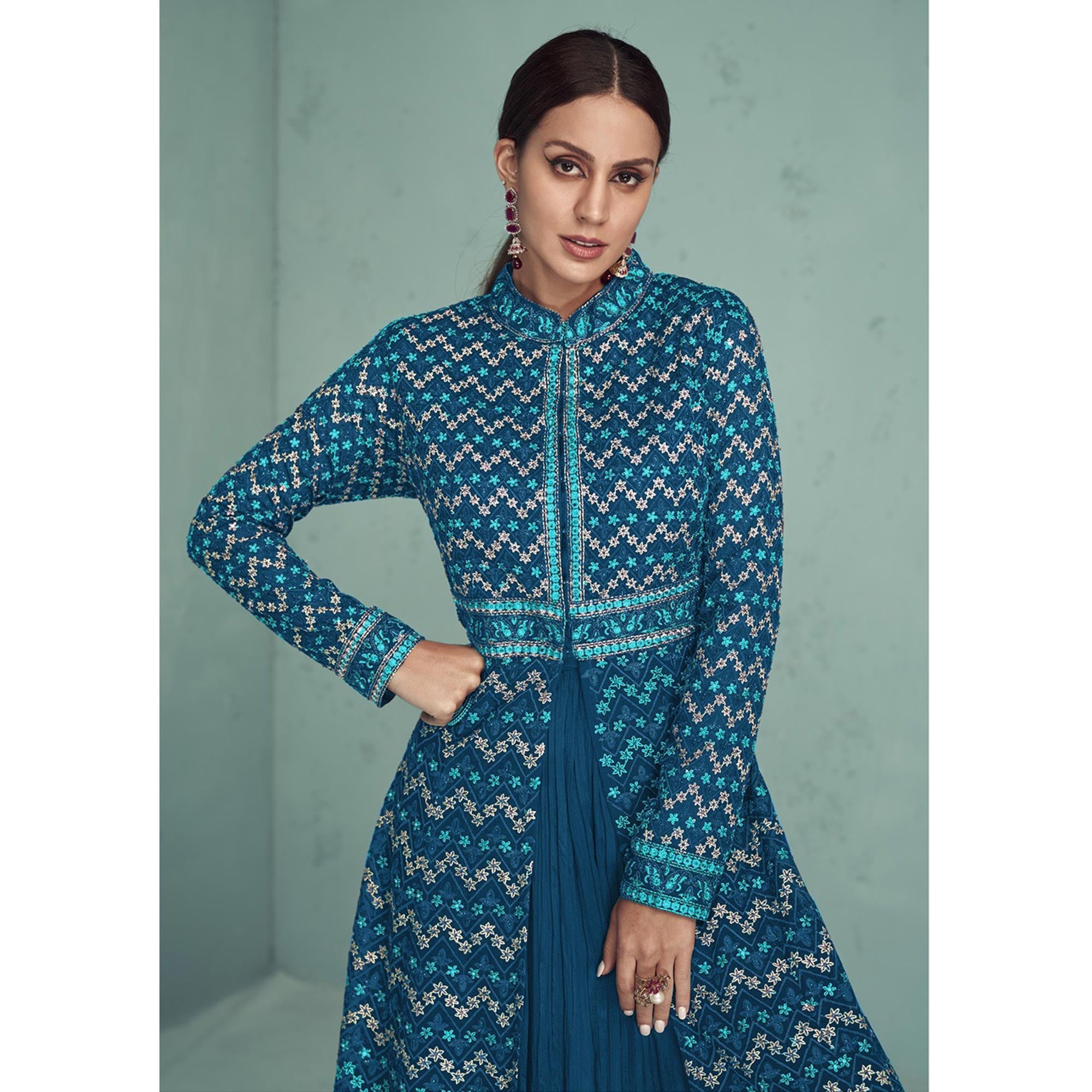 Sky Blue Floral Embroidered Georgette Front Slit Suit
