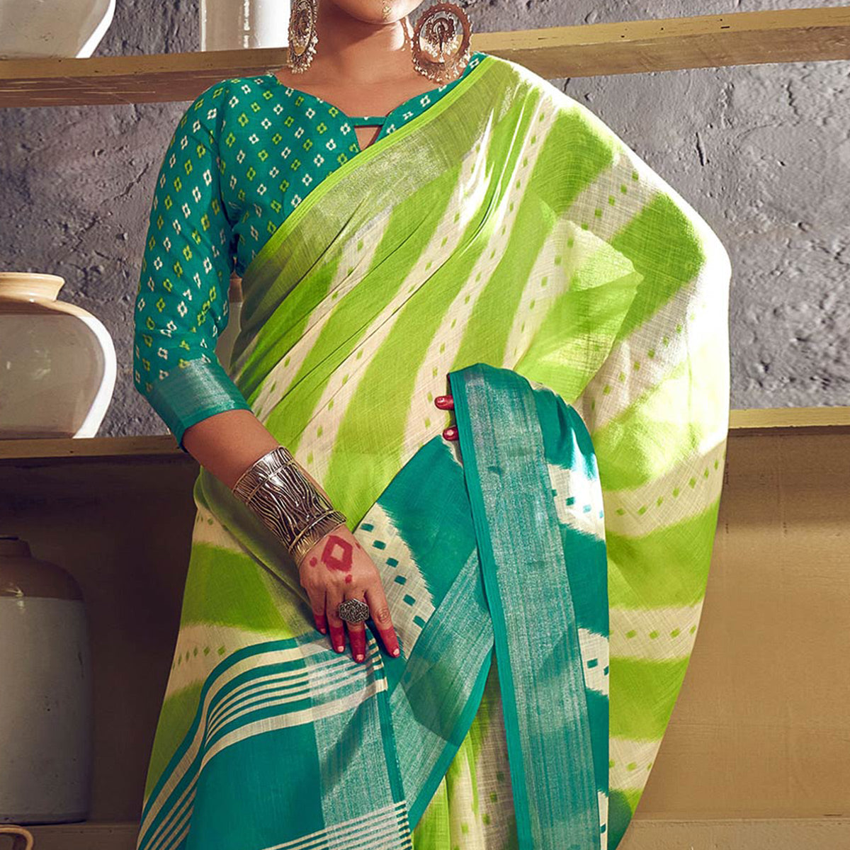 Green & Blue Printed With Zari Border Linen Saree