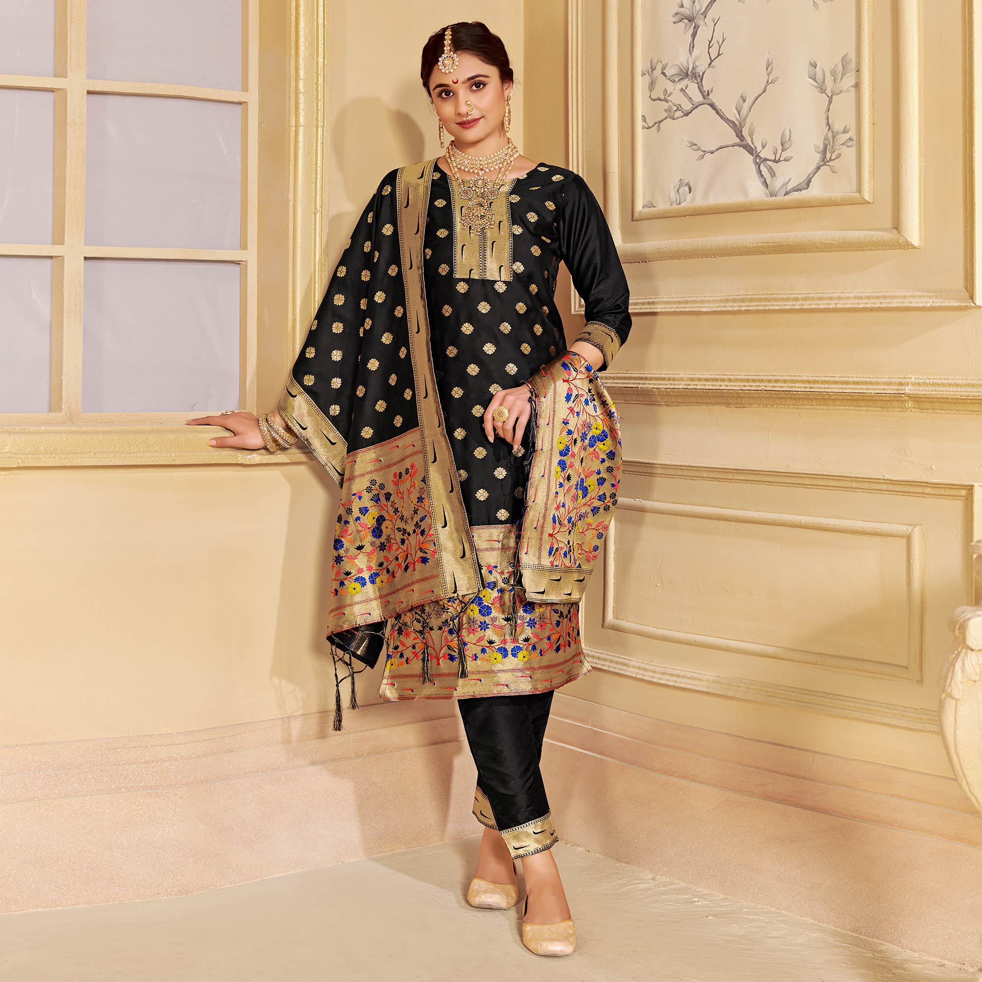 Black Floral Woven Tapetta Silk Salwar Suit