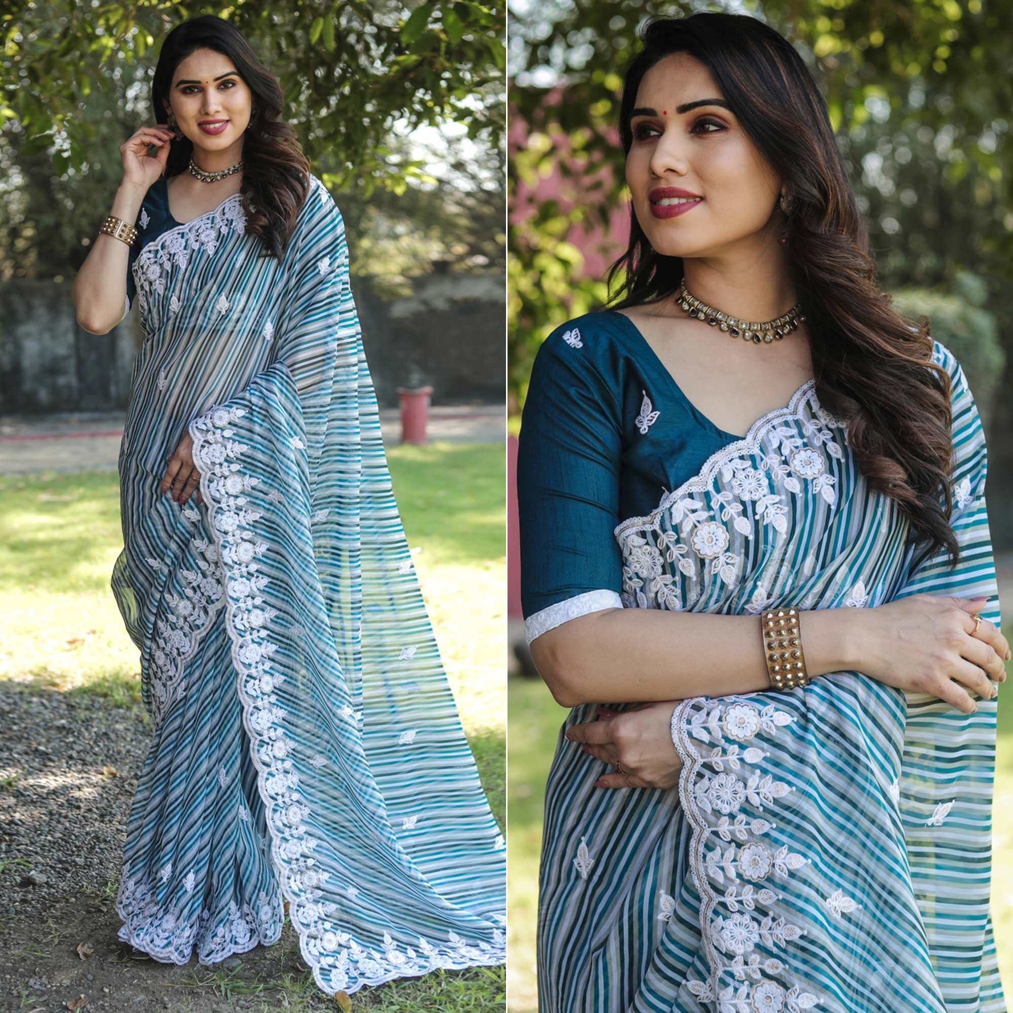 Blue Digital Printed With Embroidered Organza Saree