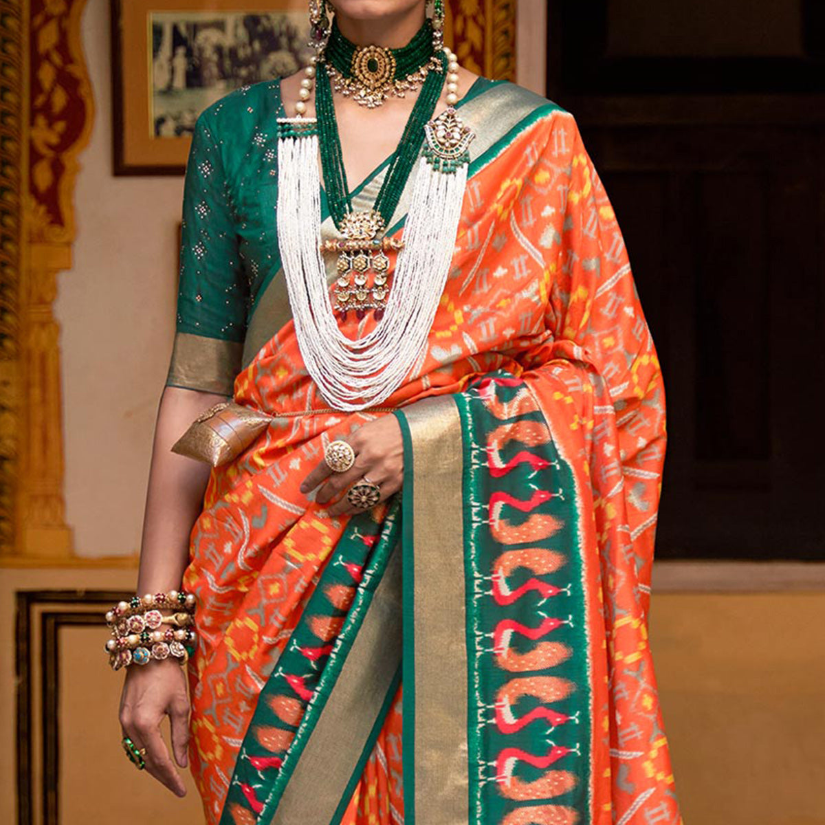 Orange & Bottle Green Printed Art Silk Saree