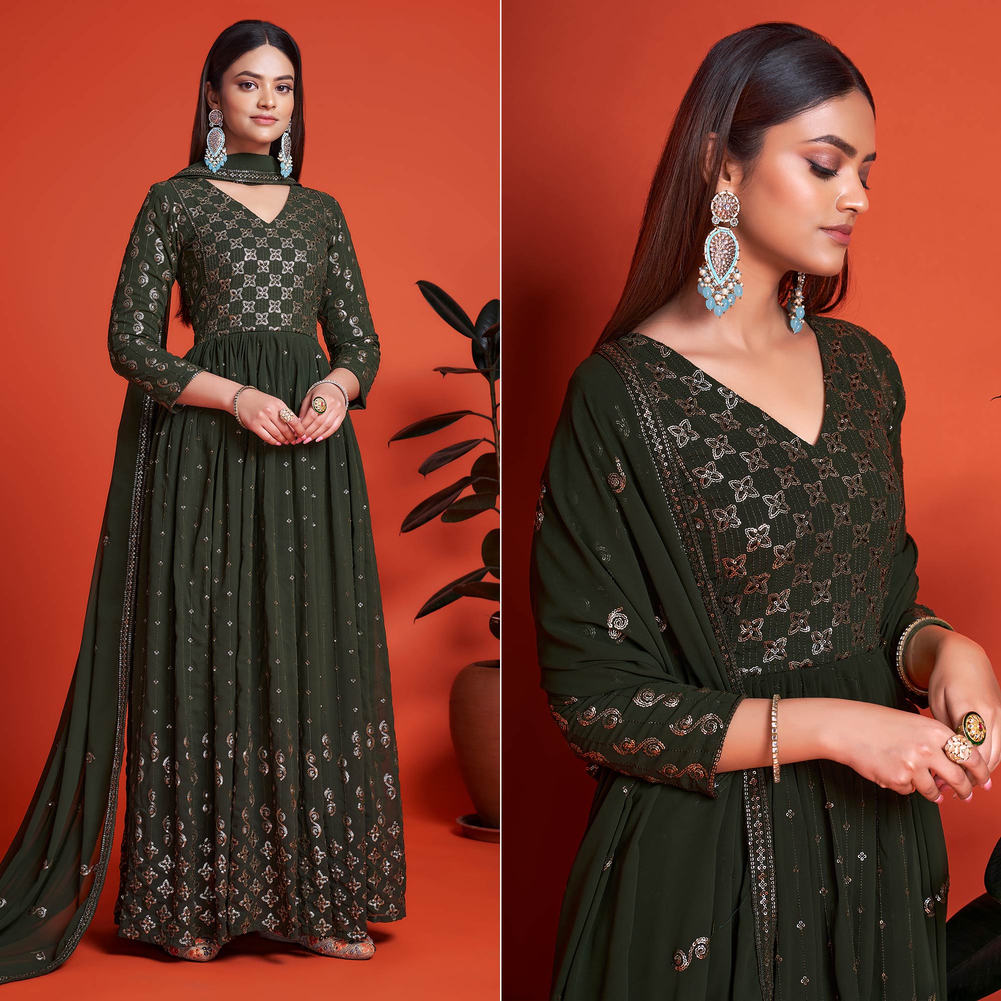 Mehendi Green Sequins Embroidered Georgette Gown With Dupatta