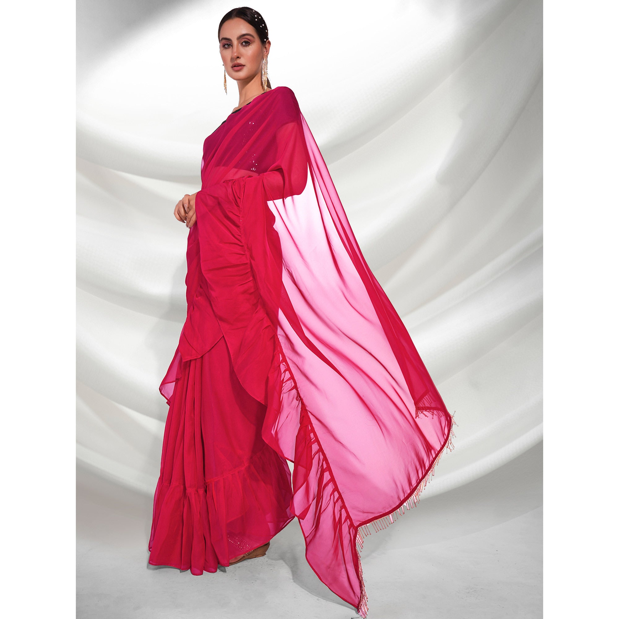 Pink Solid Organza Frill Saree