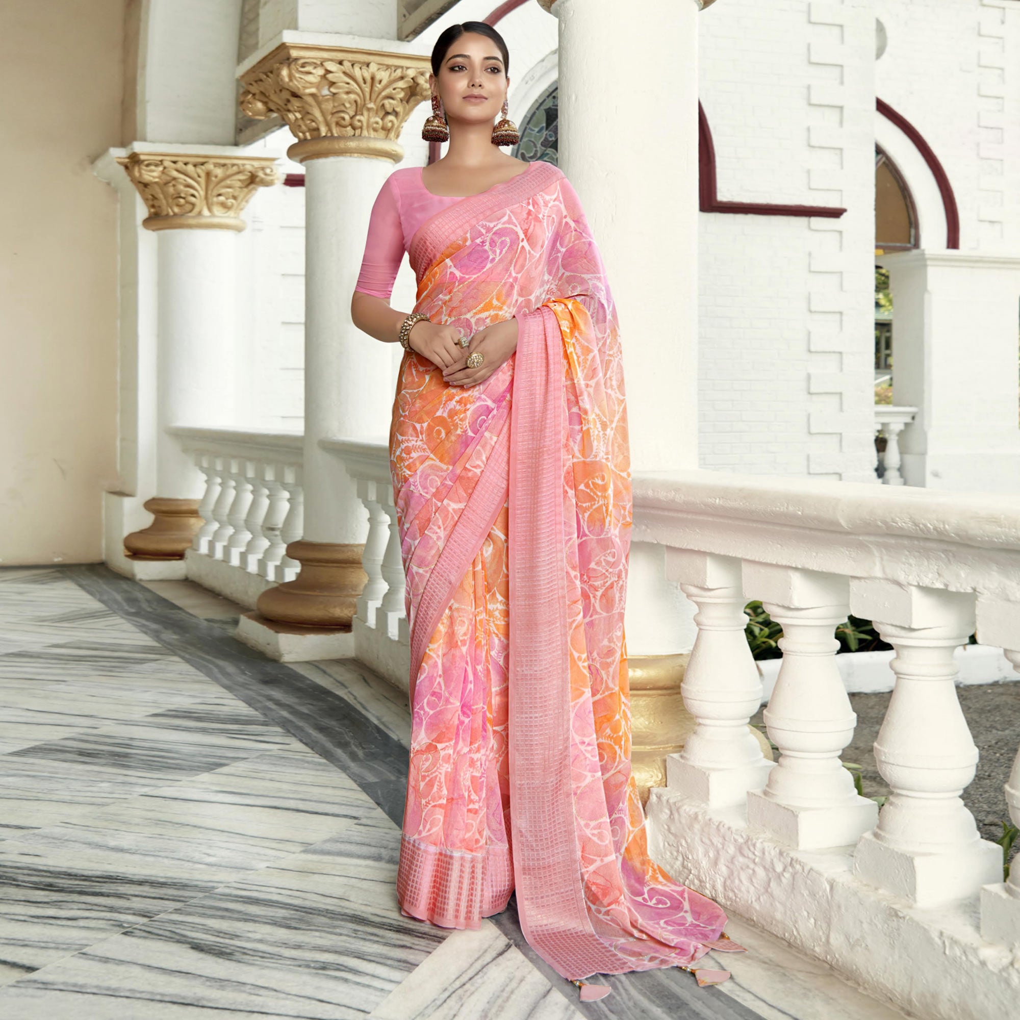 Pink Printed Georgette Saree With Checks Border