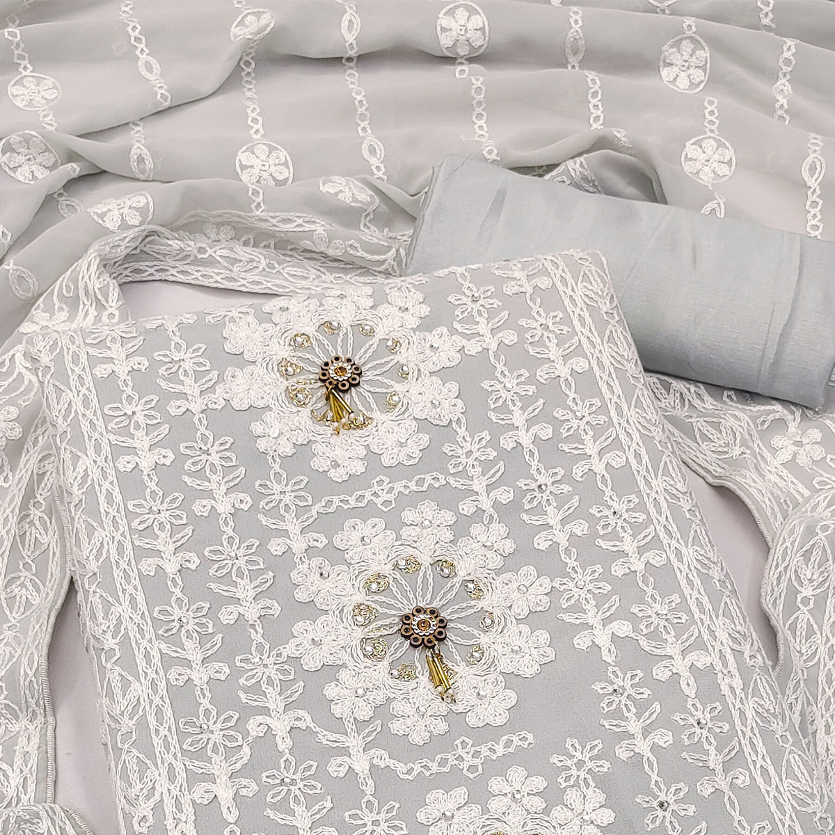 Grey Lucknowi Embroidered Georgette Dress Material