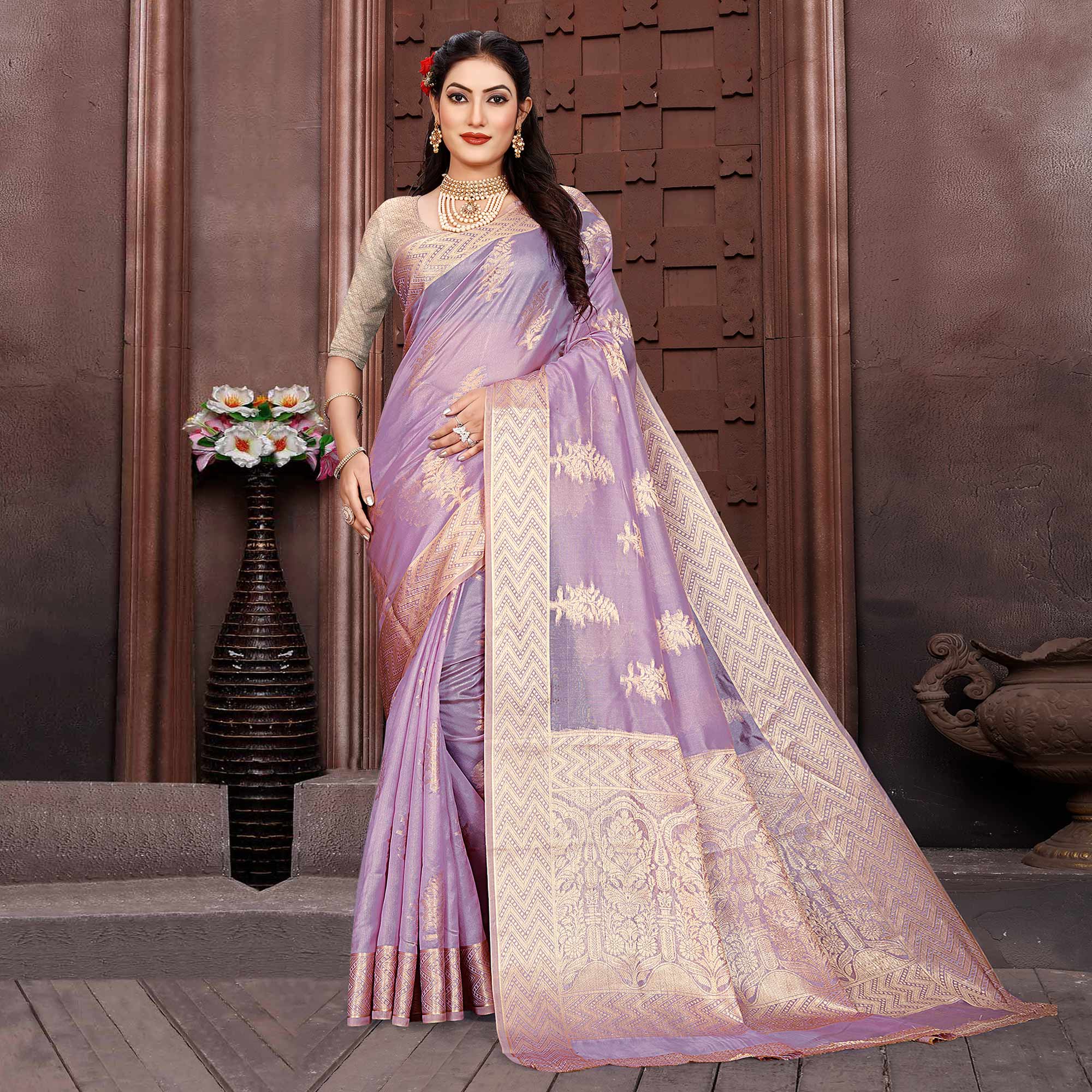 Light Purple Floral Woven Organza Saree