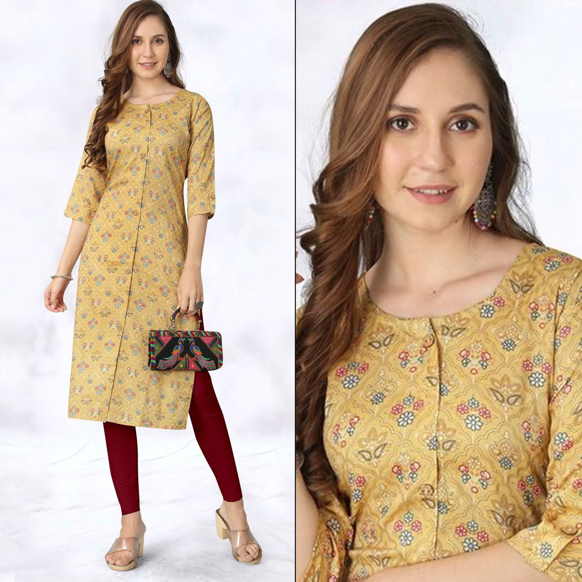 Yellow Foil Printed Rayon Kurti