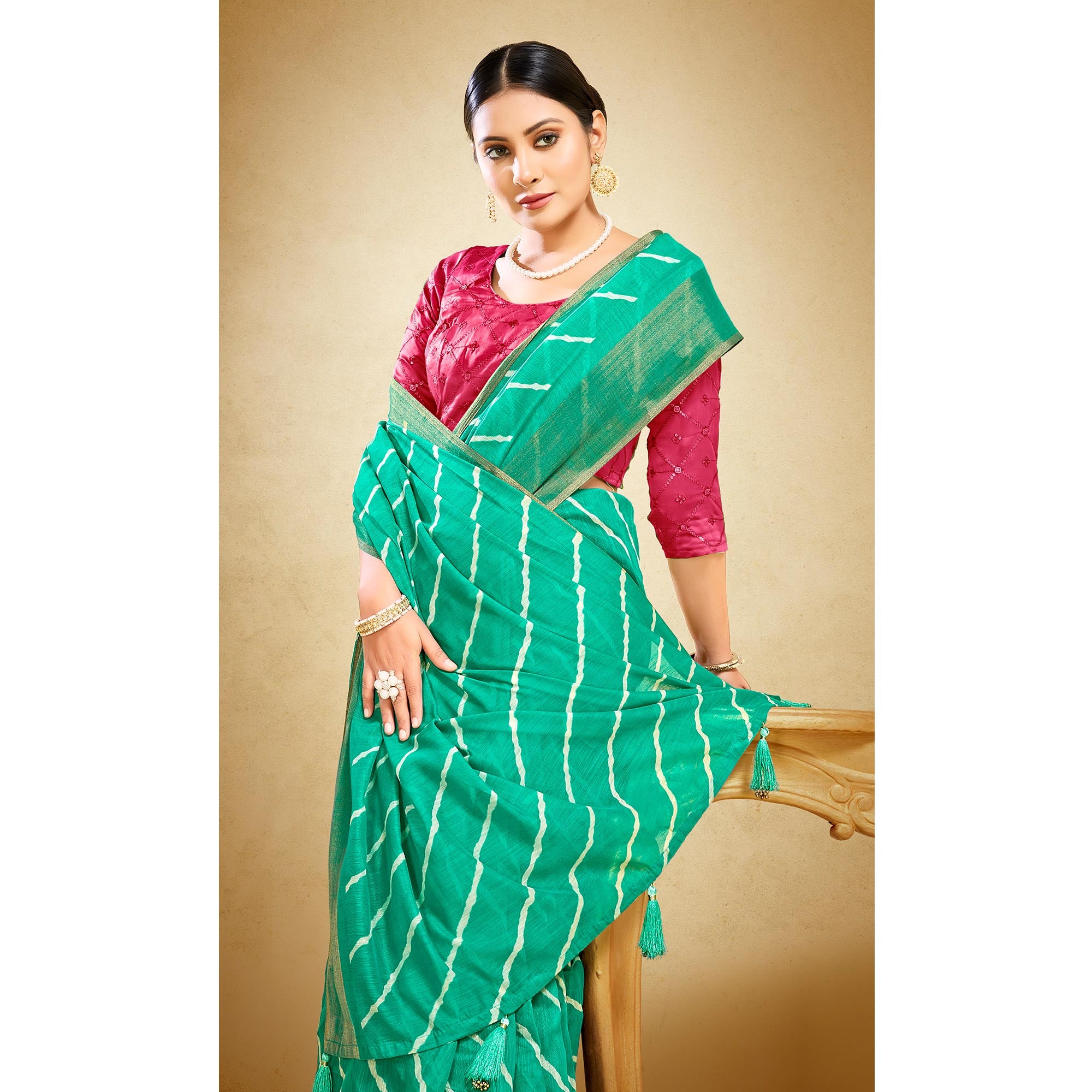 Green Leheriya Printed Linen Saree