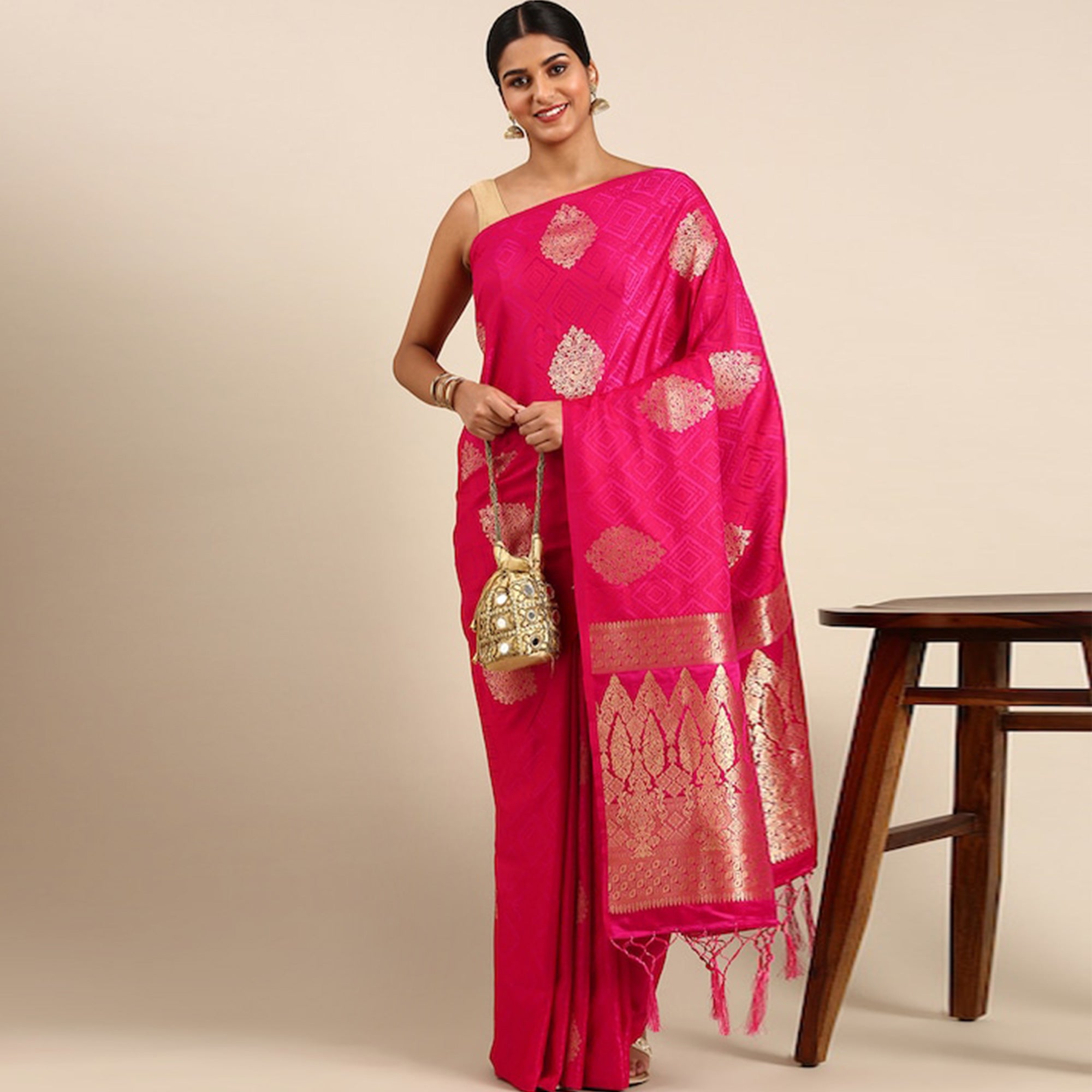 Pink Woven Kanjivaram Silk Saree WithTassels