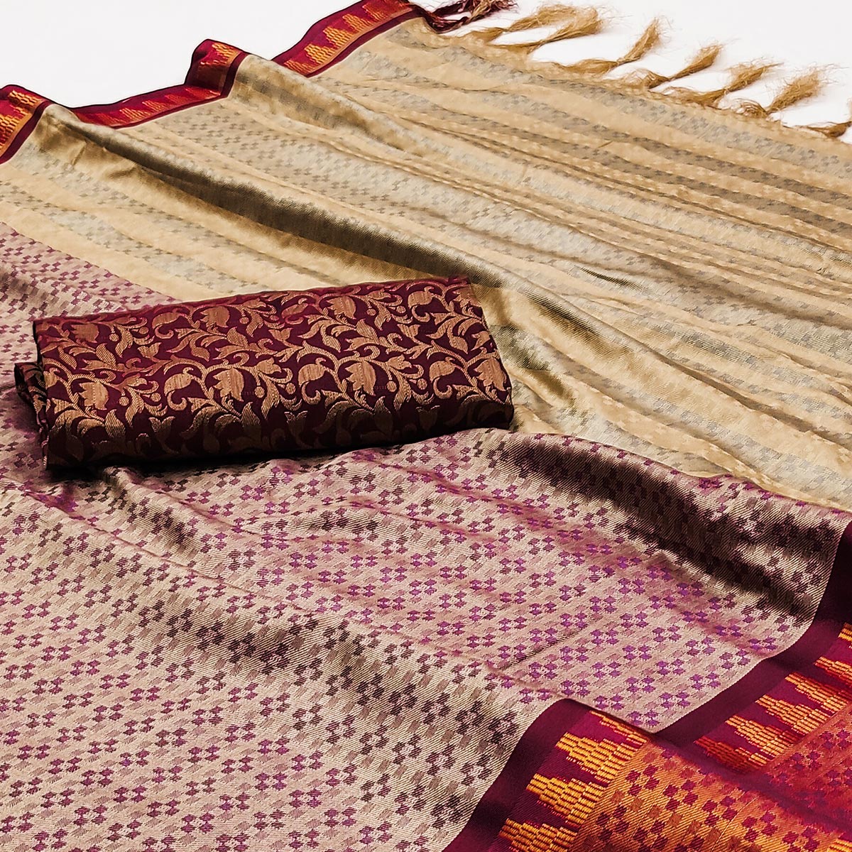 Chikoo Woven Cotton Silk Saree