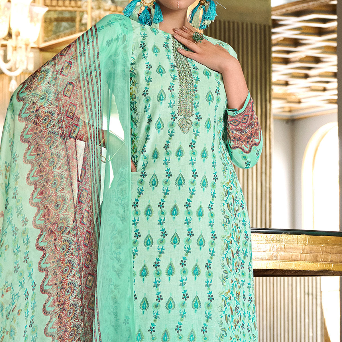 Sea Green Printed With Embroidered Pure Cotton Salwar Suit