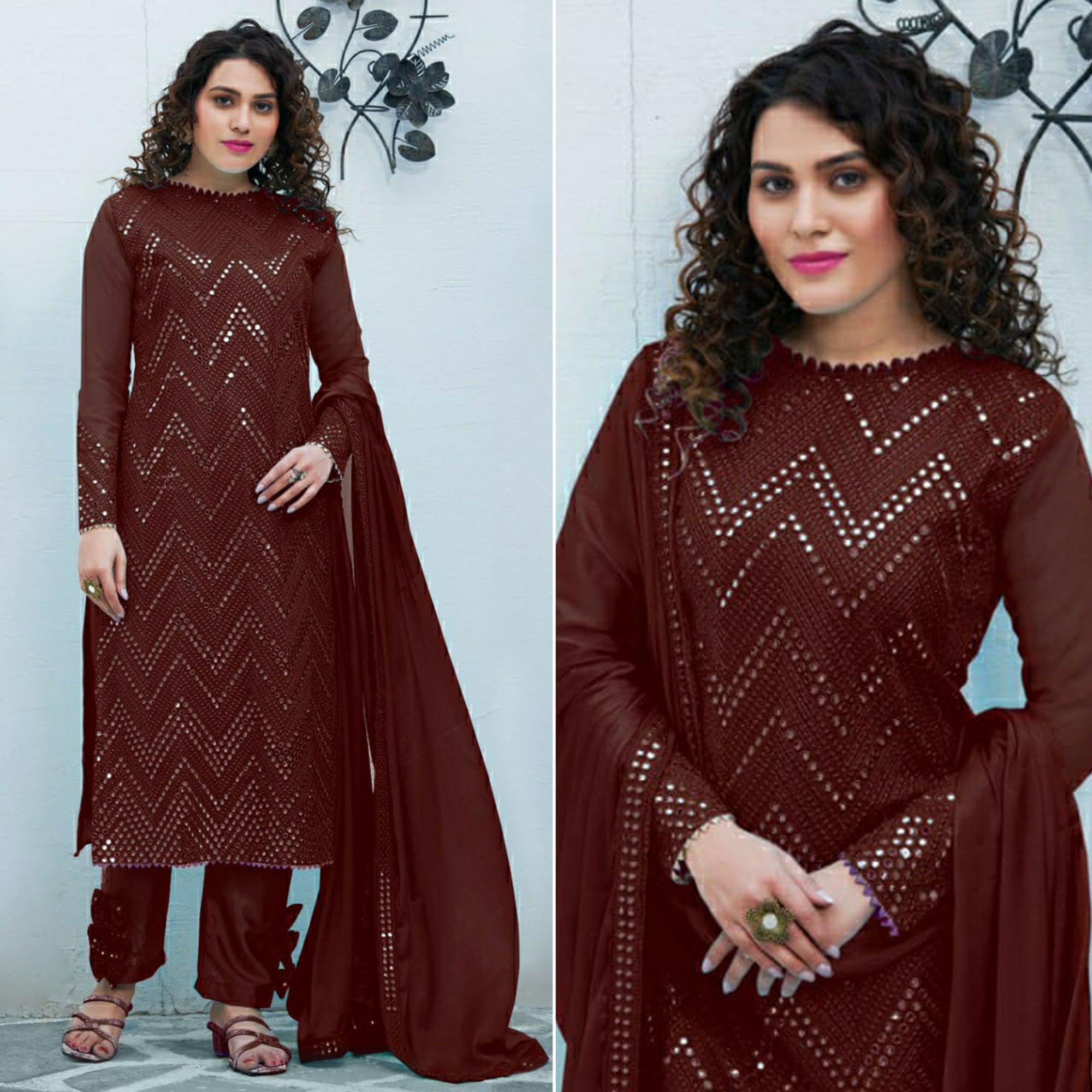 Brown Mirror Embroidered Georgette Suit