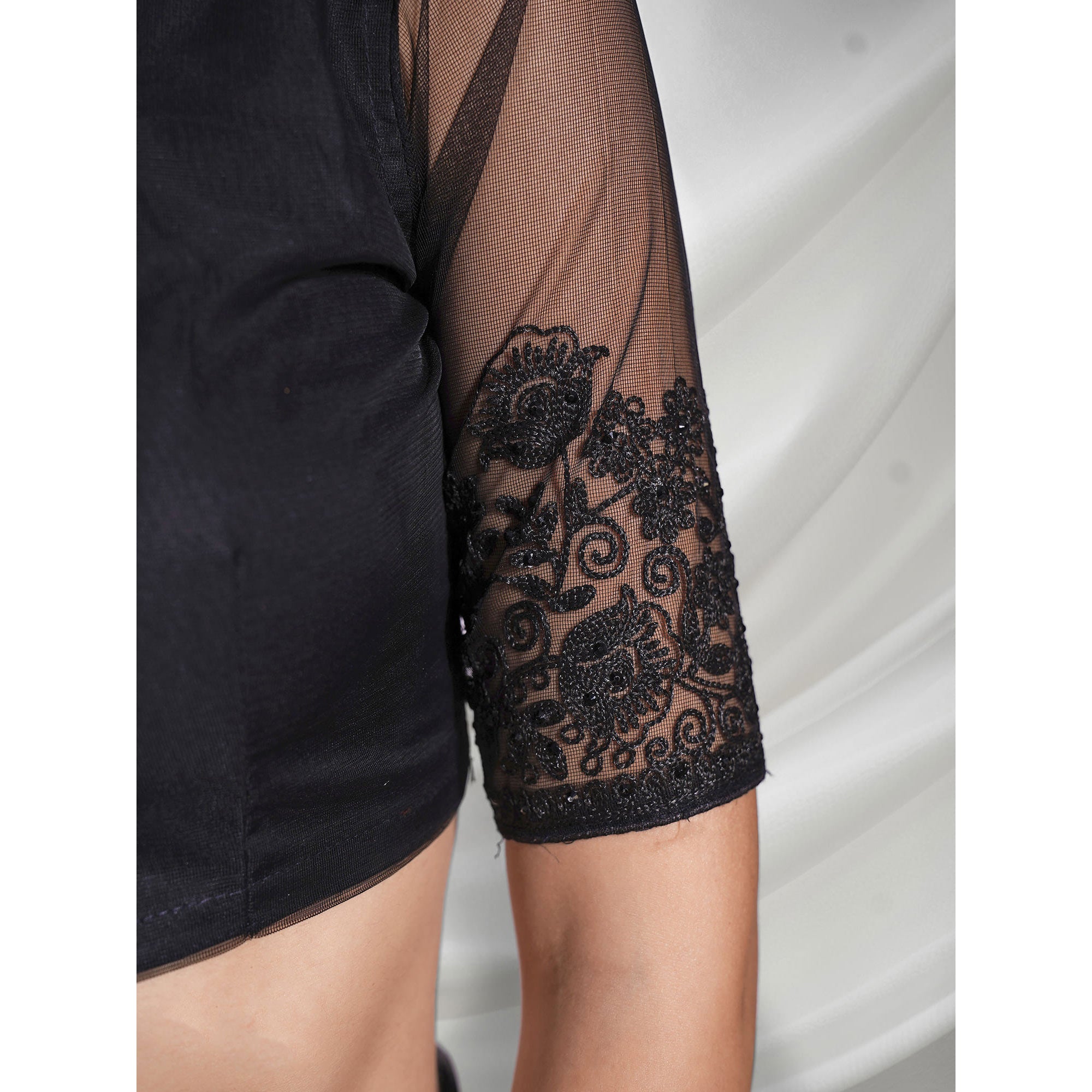 Black Floral Embroidered Net Saree