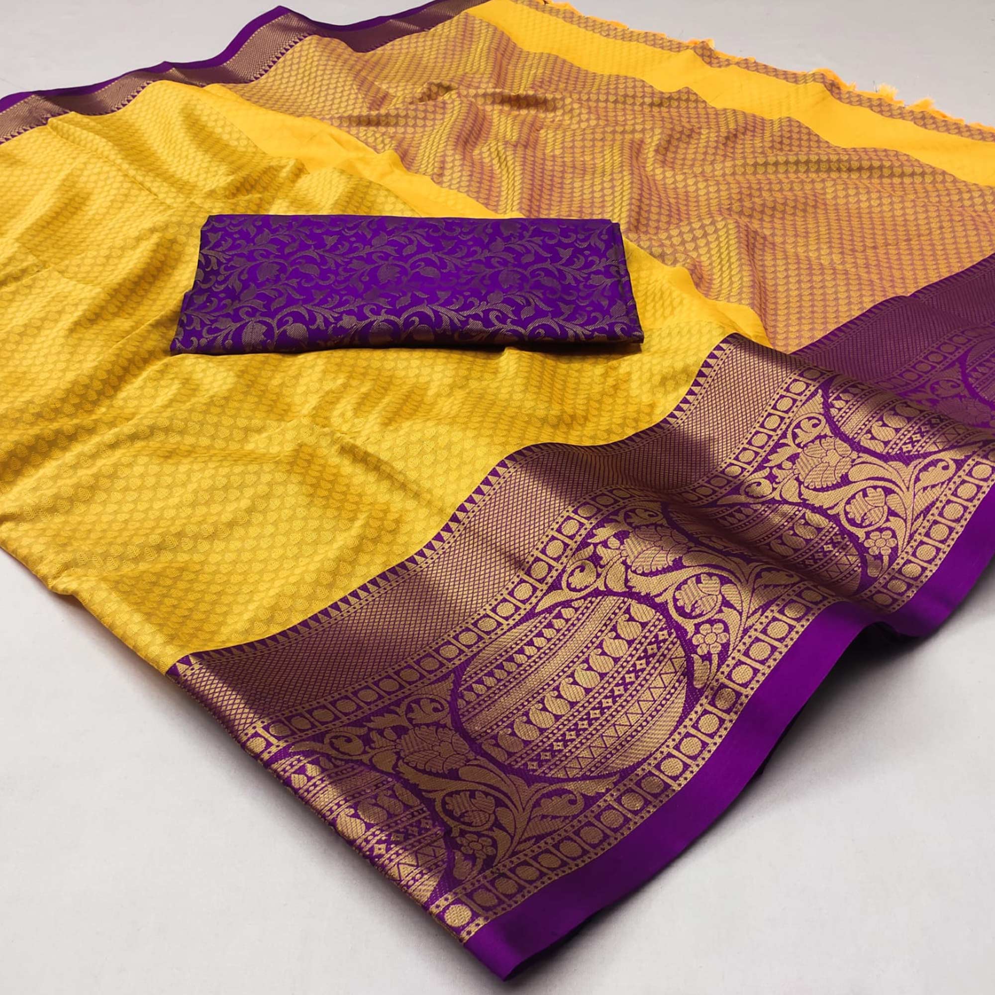 Yellow Woven Cotton Silk Saree With Tassels